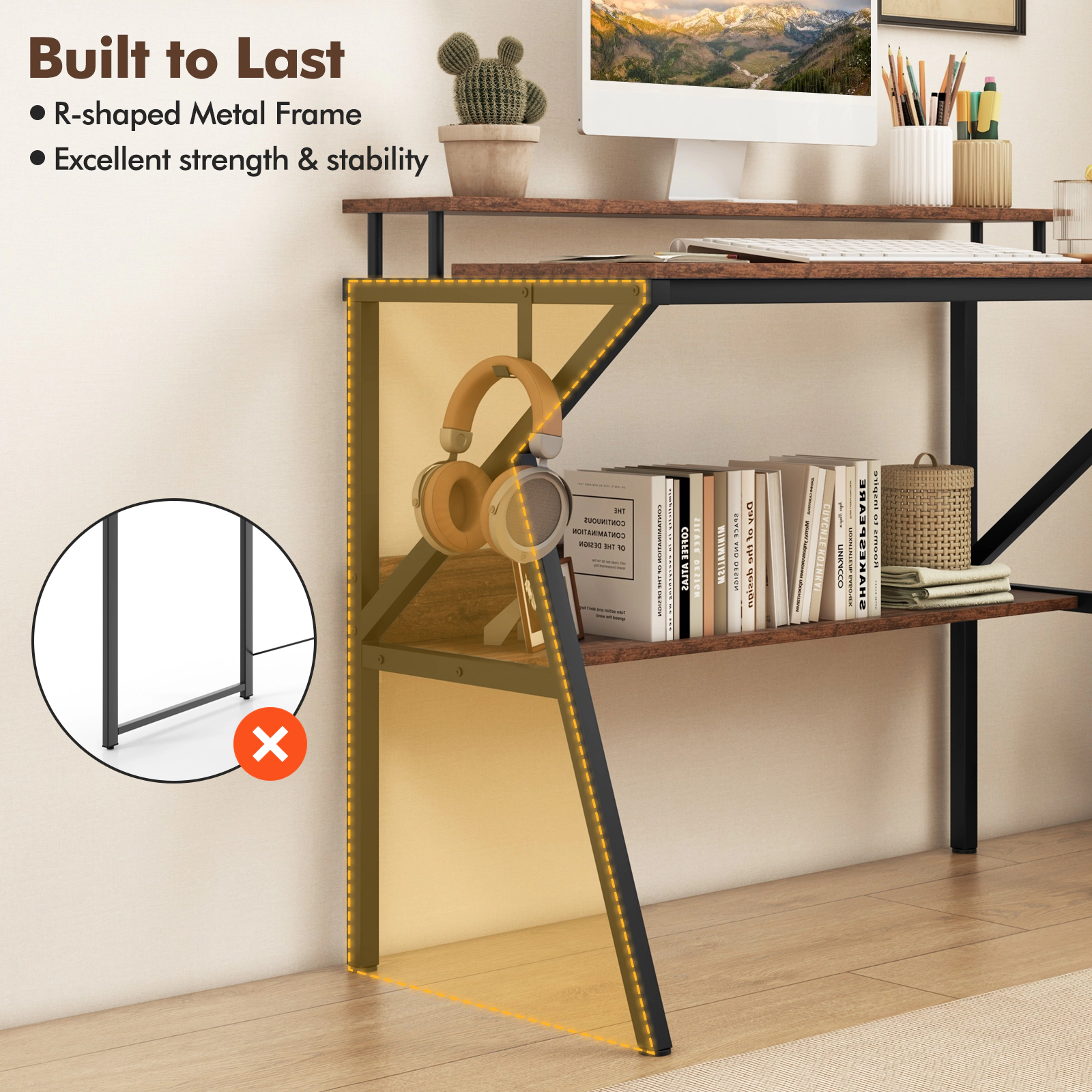SUGIFT Space Saving Computer Desk with Monitor Stand and Extra Storage Shelf 200-lb Tabletop 55-lb Shelf Rustic Brown