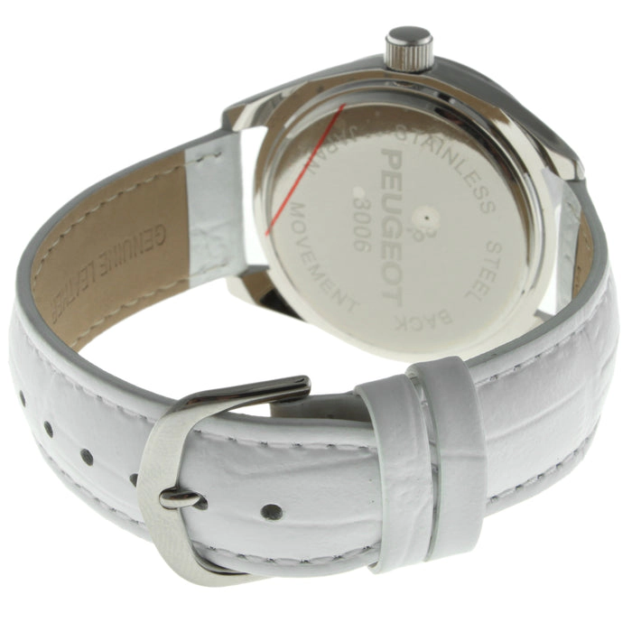 Peugeot Women's White Watch 40mm Bold Crystal Bezel Leather Strap