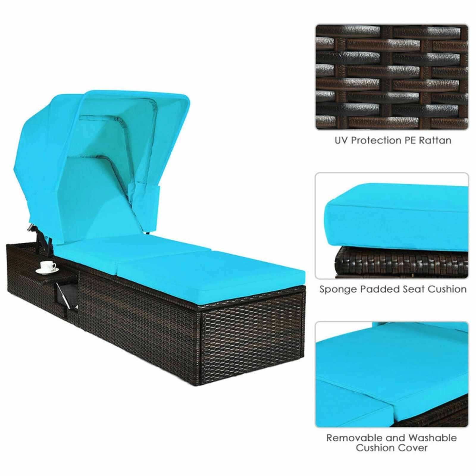 SUGIFT 5-Position Retractable Sun Canopy PE Rattan Chaise Lounge Chair 77-in x 23.5-in 360-lb Capacity Turquoise