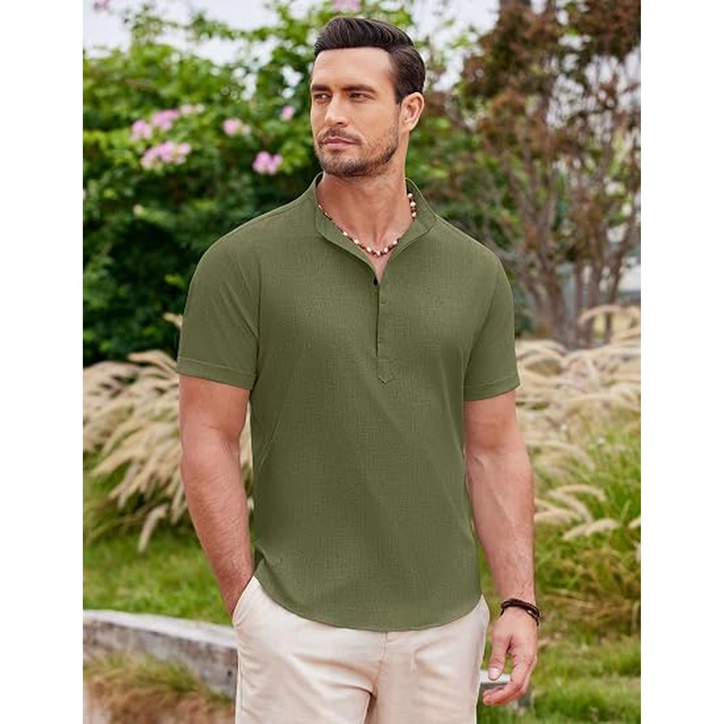 COOFANDY Mens  Short Sleeve Henley Shirts V Neck Button Striped Casual Tops
