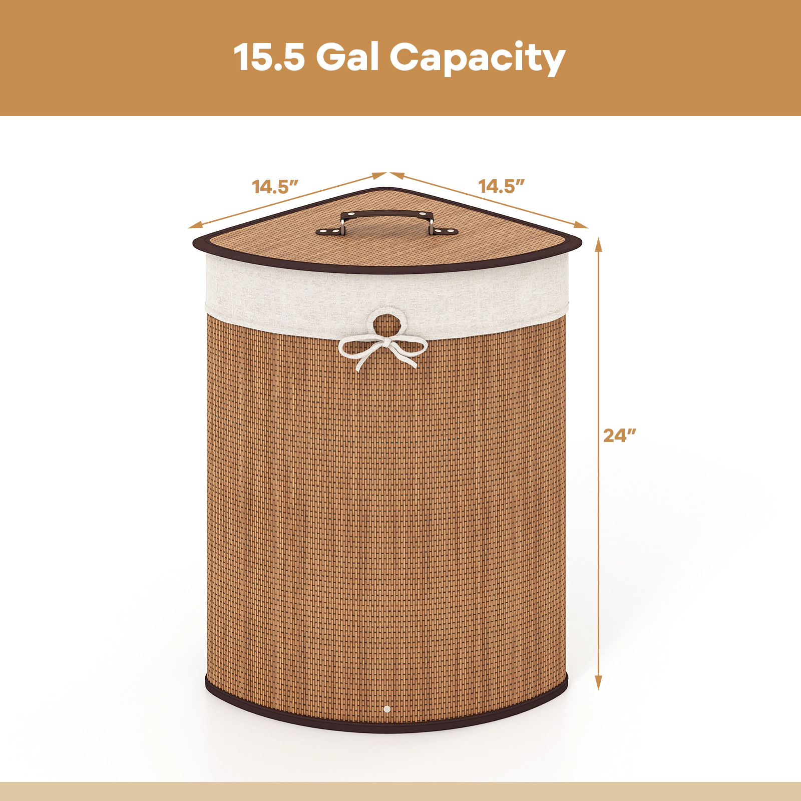 SUGIFT Folding Laundry Hamper Basket with Lid and Removable Liner Bag 58-L Capacity Black/Brown/Natural