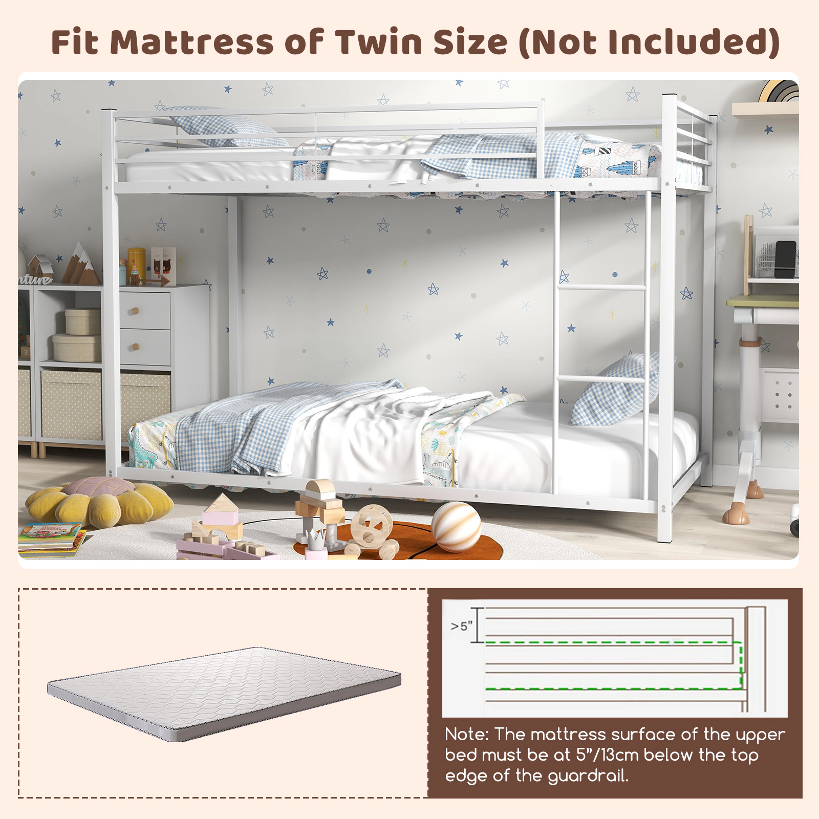 SUGIFT Twin-Over-Twin Low-Profile Metal Bunk Bed, White