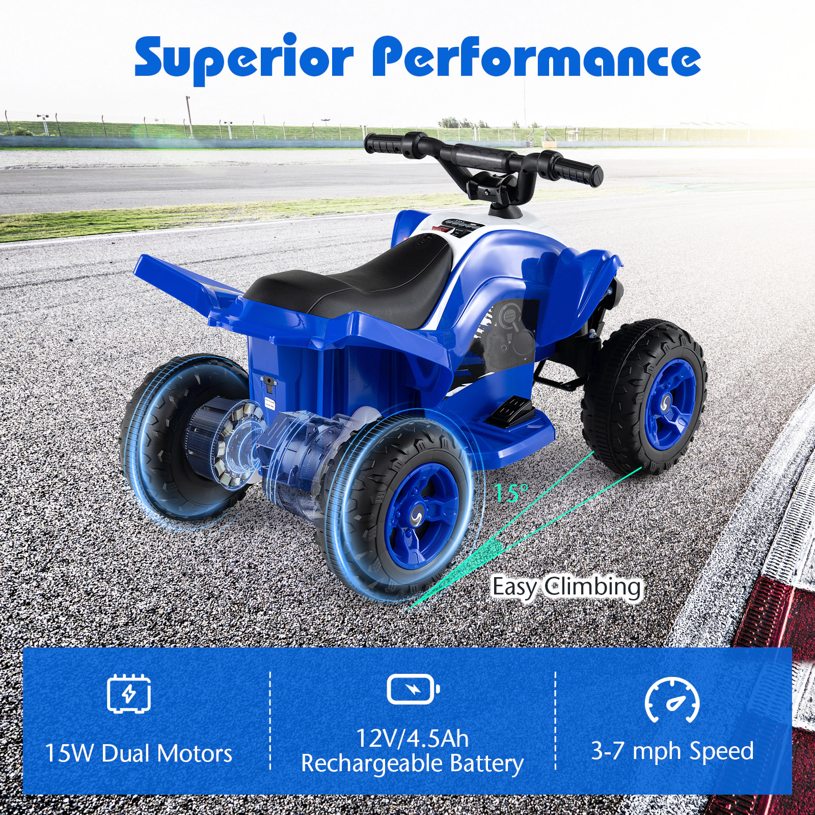 SUGIFT 12V Rechargeable Kids Ride On ATV 4-Wheeler Quad with LED Headlights 7-mph Max Speed 66-lb Capacity Ages 3+ Navy