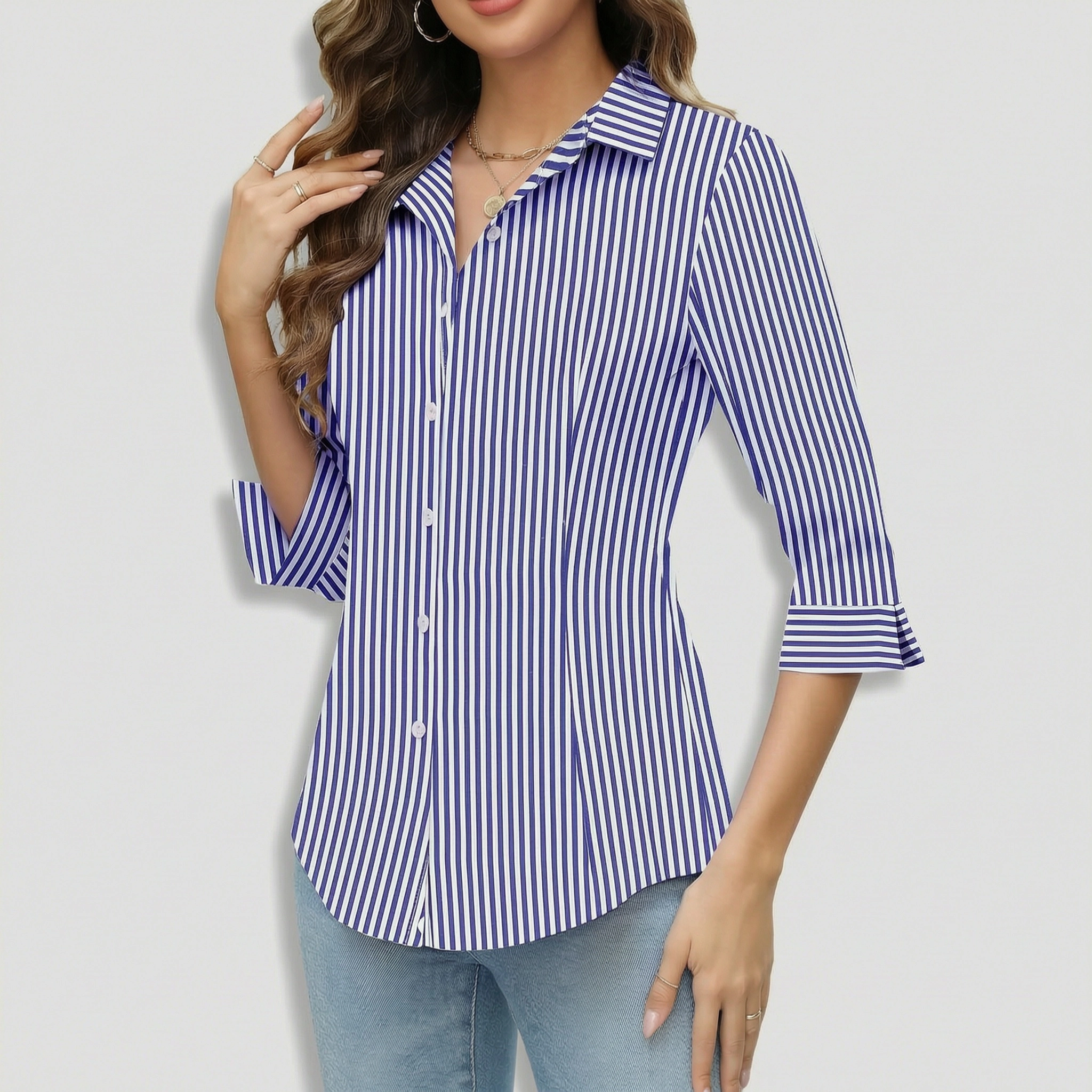 Zeagoo Women Button Up Shirts 3/4 Sleeve Business Shirt Slim V Neck Work Blouse