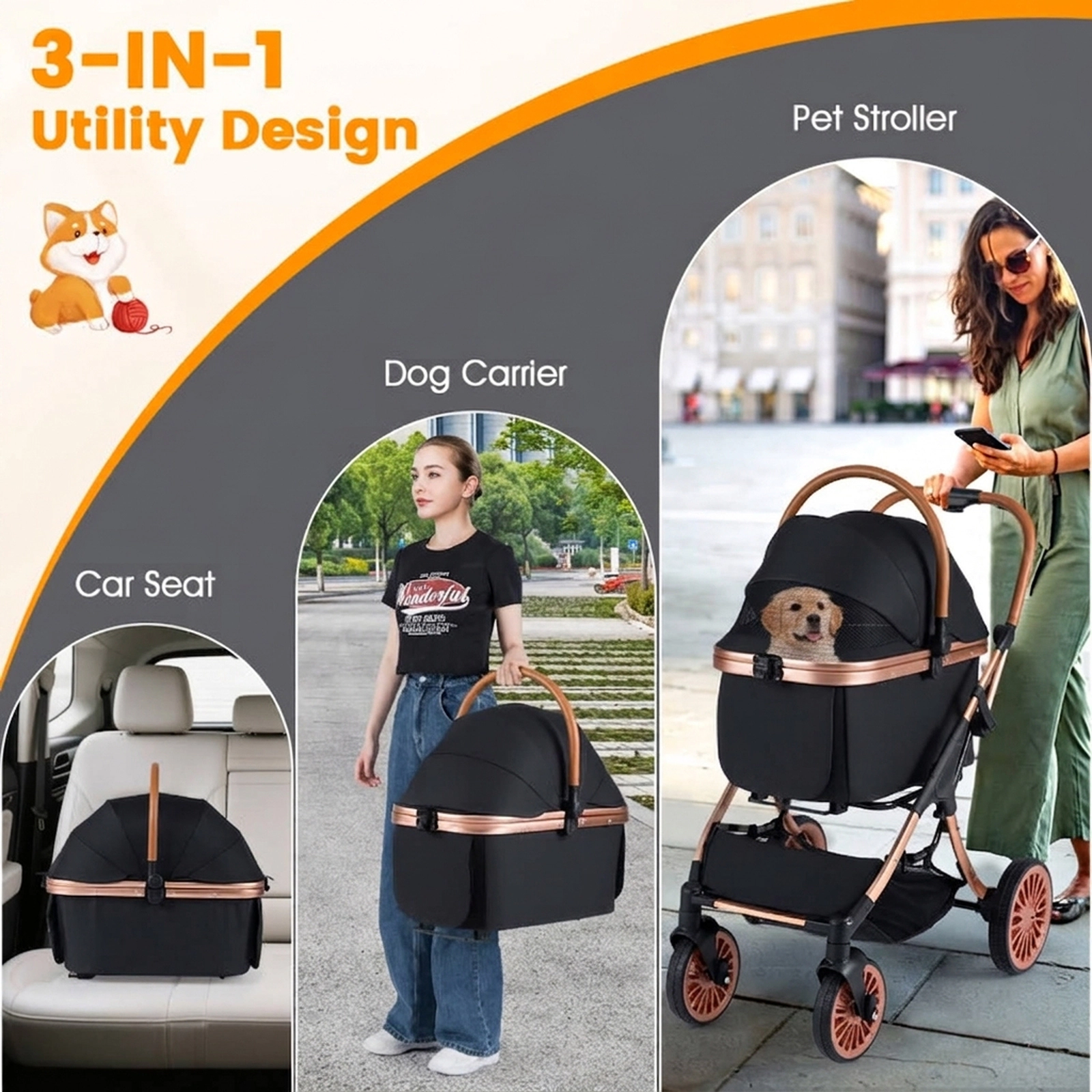 SUGIFT 35 x 40-in 55-lb Capacity Black 3-in-1 Foldable Pet Stroller Dog Carrier Car Seat with Sun Shade