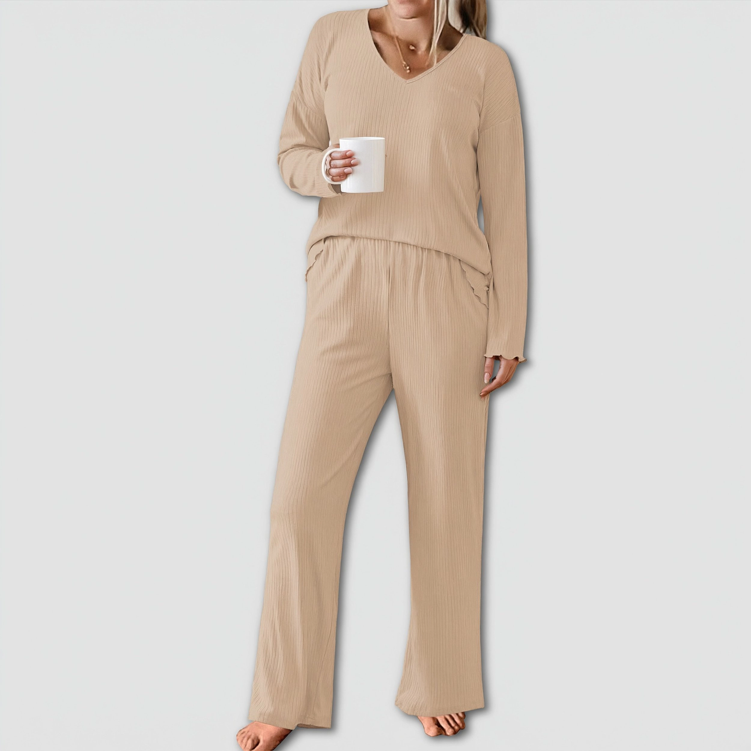 Ekouaer Womens Pajama Set Ribbed Knit Pajamas Two Piece Lounge Long Sleeve Top and Pants