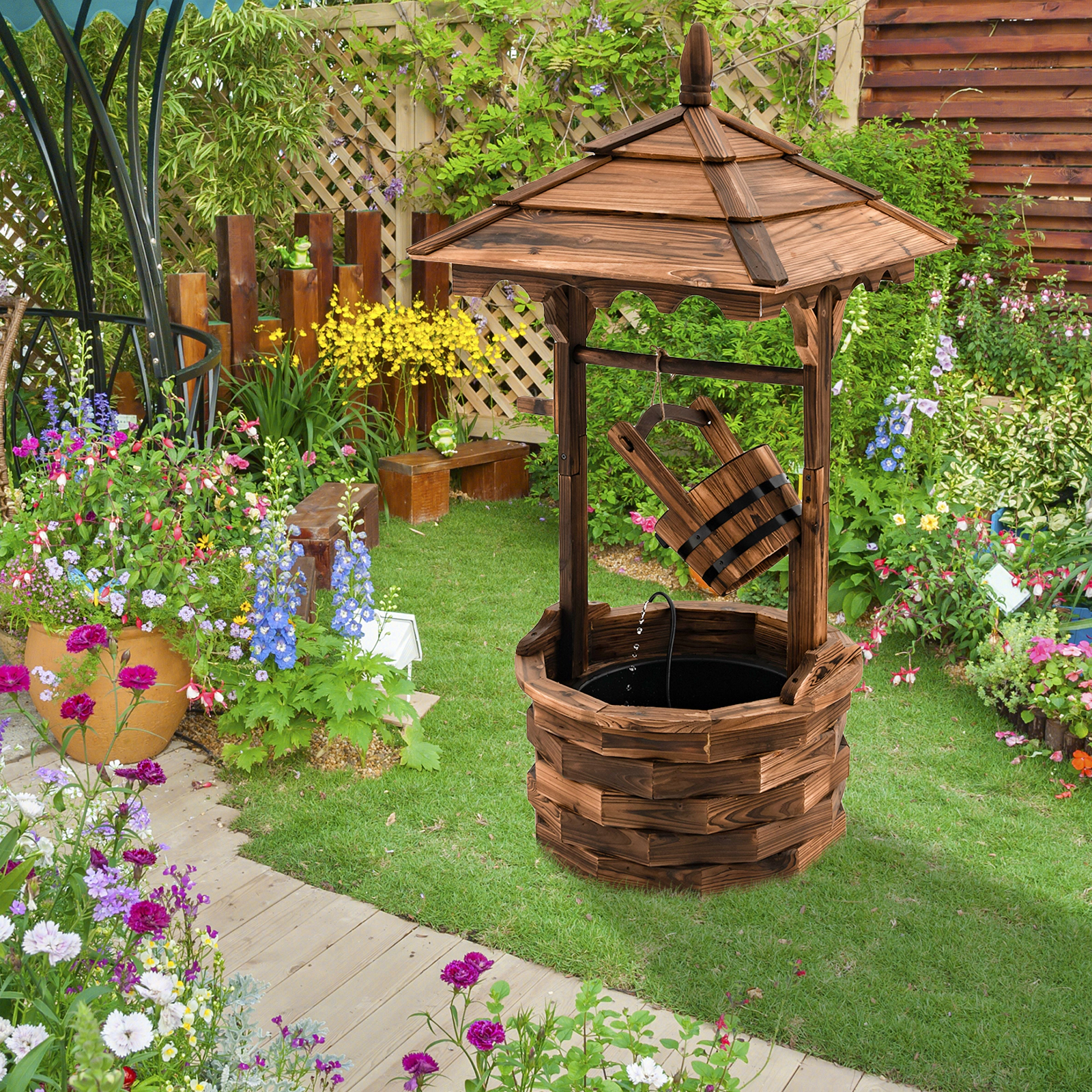 SUGIFT Patio Wooden Water Fountain Brown Wishing Well with Electric Pump