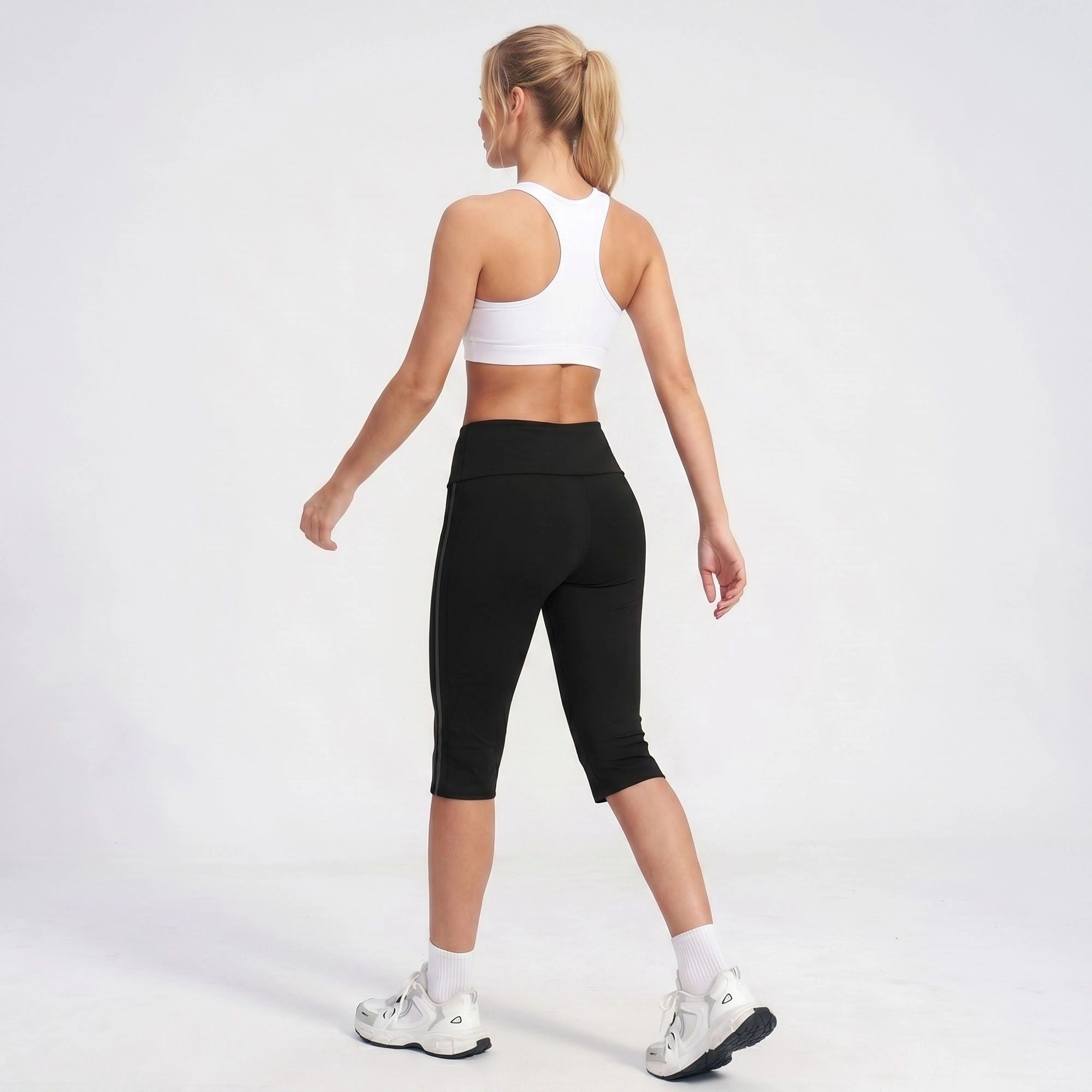 Anna-Kaci Women's High-Waist Side Stripe Capri Leggings Wide Waistband Cropped Workout Yoga Pants
