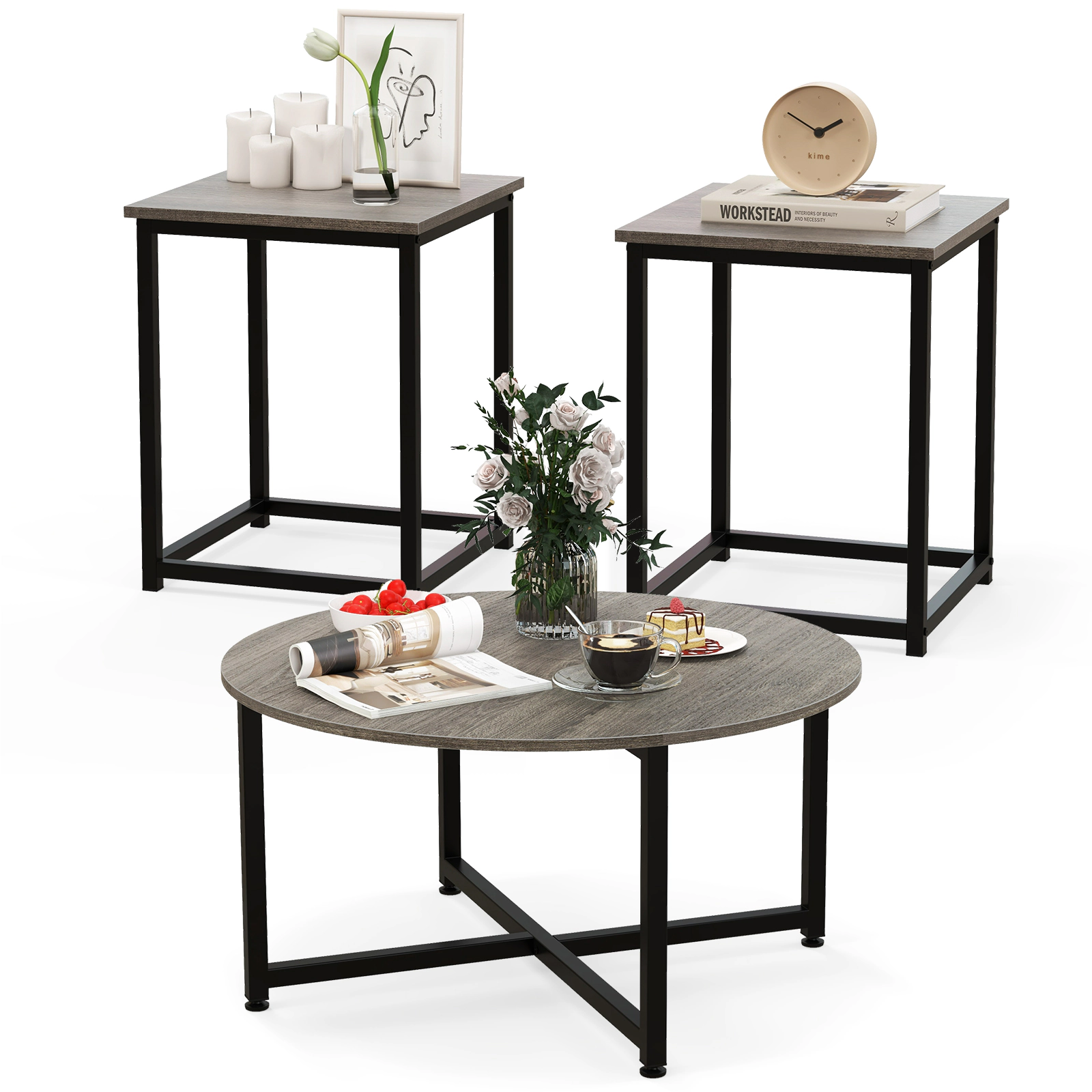 SUGIFT 3-Piece Coffee Table and End Tables Set 220-lb Coffee Table Capacity 110-lb End Tables Capacity Gray and Black