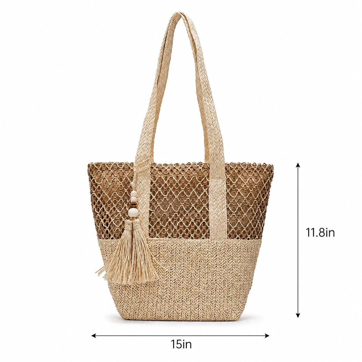 Alilang Women's Woven Straw Tote Bag with Zip Closure Shoulder Straps and Tassel Accent, Natural Khaki