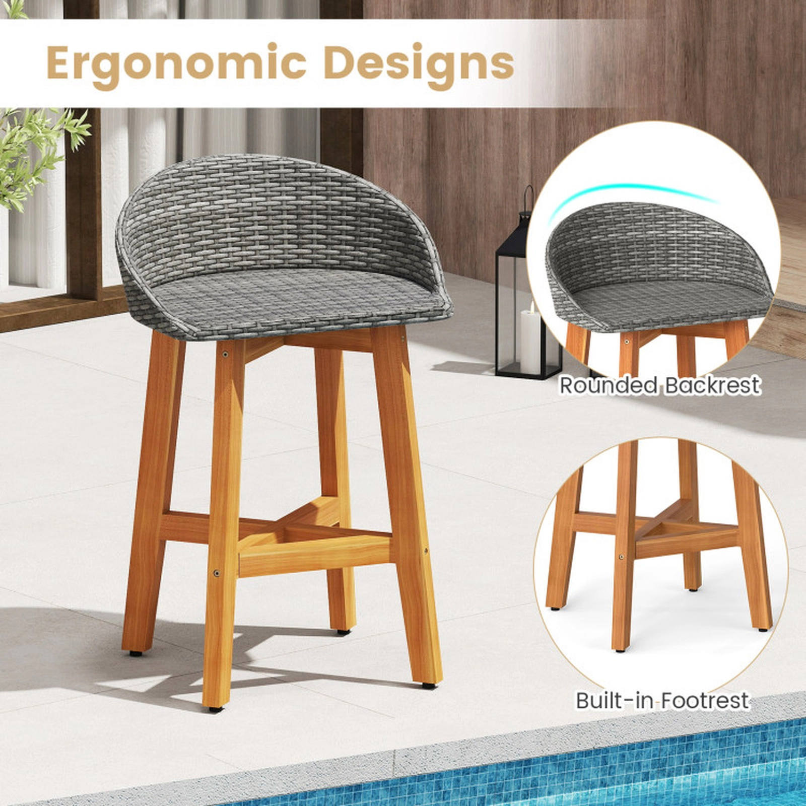 SUGIFT Acacia Wood Legs and Footrest 400-lb Set of 2 Outdoor Faux Rattan Bar Stools