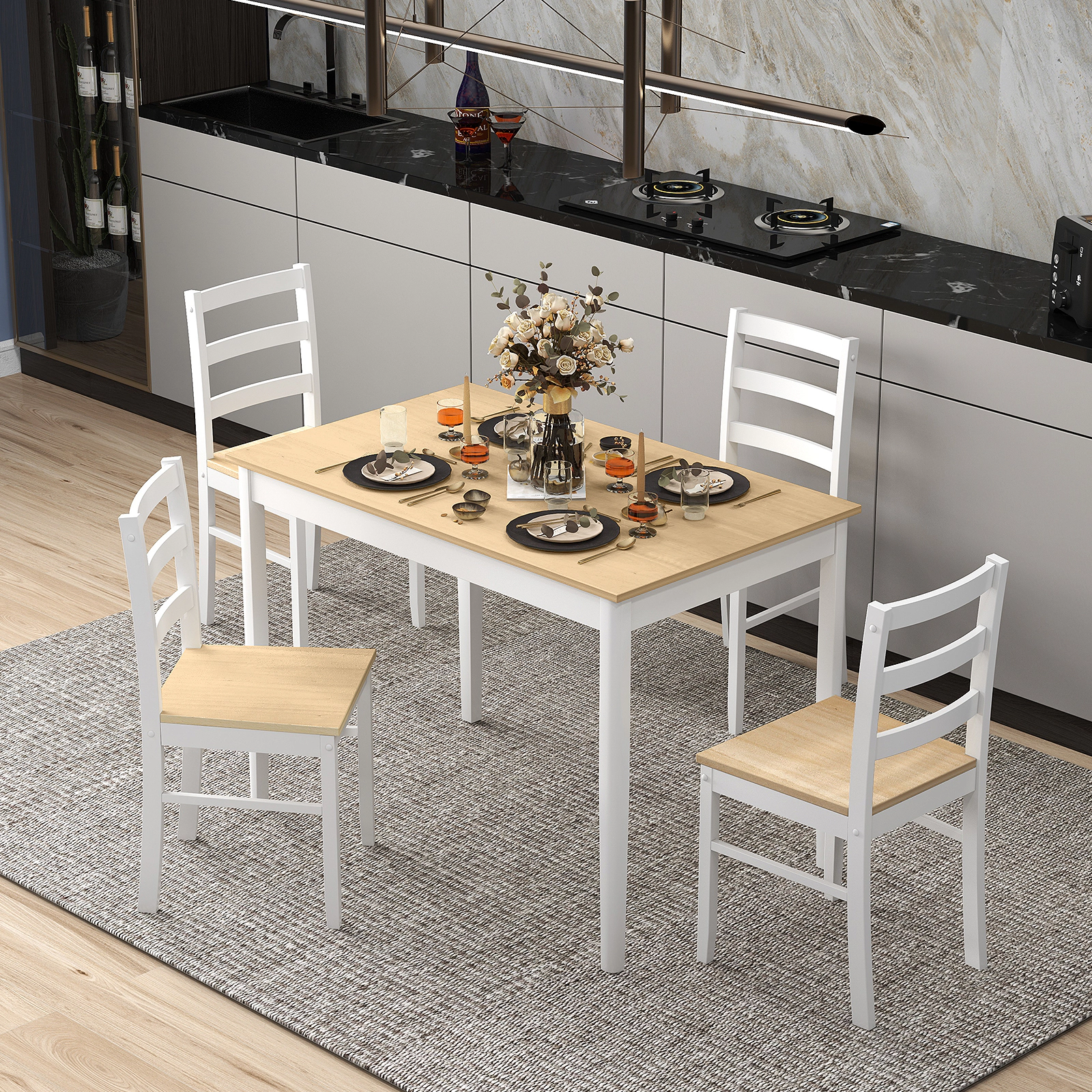 SUGIFT 5-Piece Wooden Dining Set with Rectangular Table and 4 Chairs 200/331-lb Capacity Natural and White