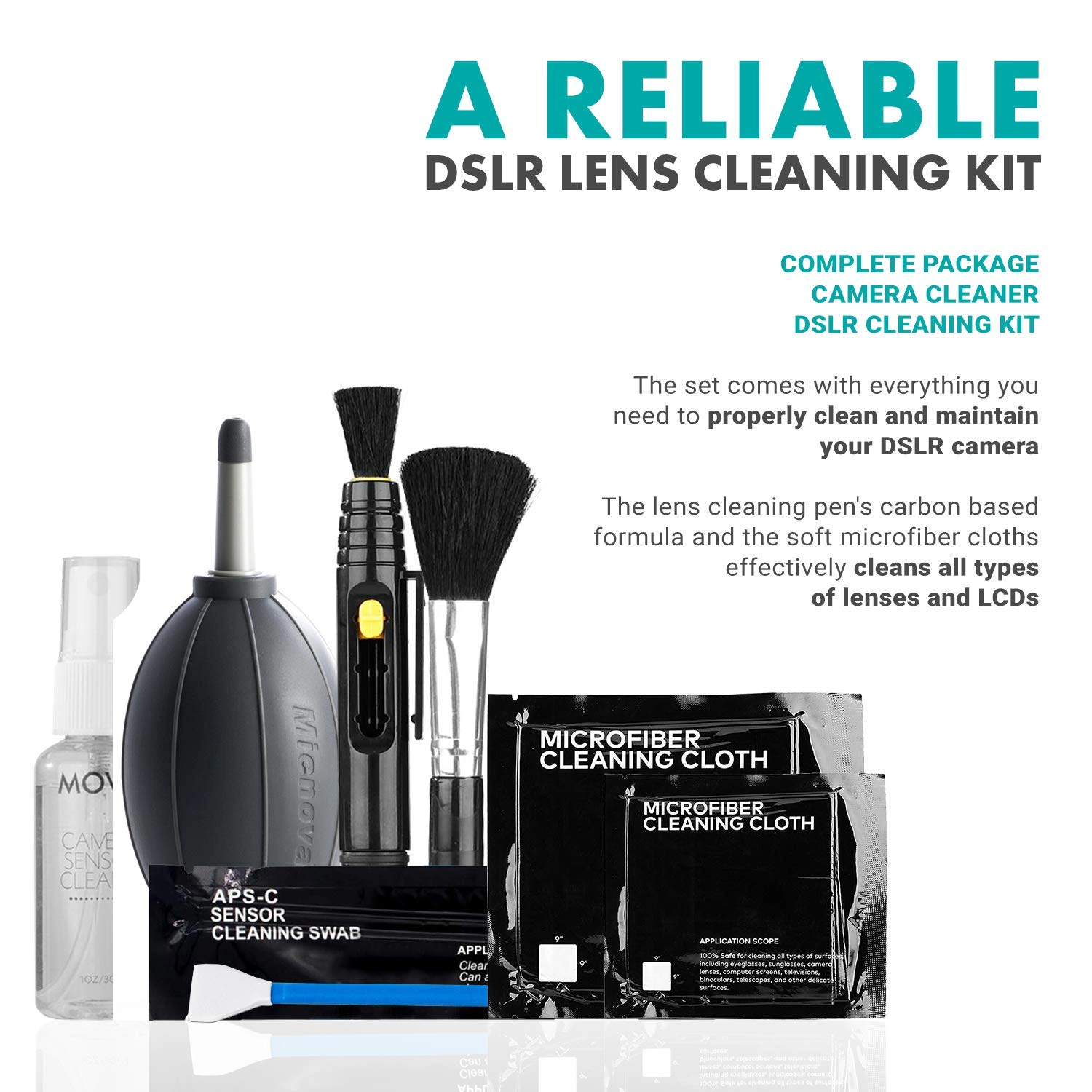 Movo Deluxe Essentials DSLR Camera Cleaning Kit with 10 APS-C Cleaning Swabs, Sensor Cleaning Fluid, Rocket Air Blower