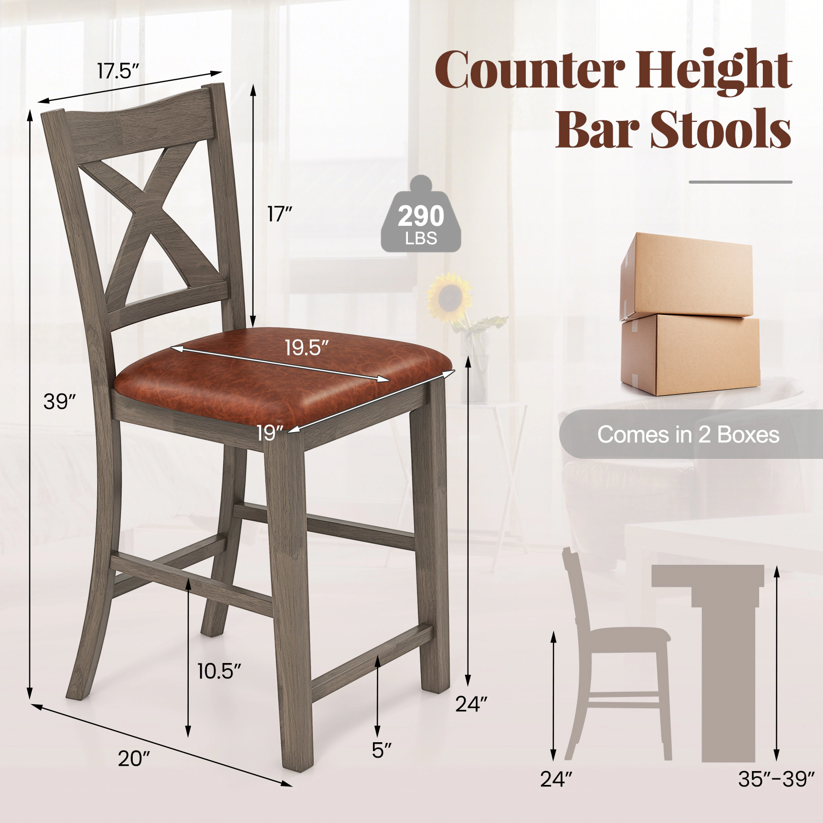 SUGIFT Faux Leather Upholstered Seat and Wood Frame Set of 2 Gray Cross Back Bar Stools