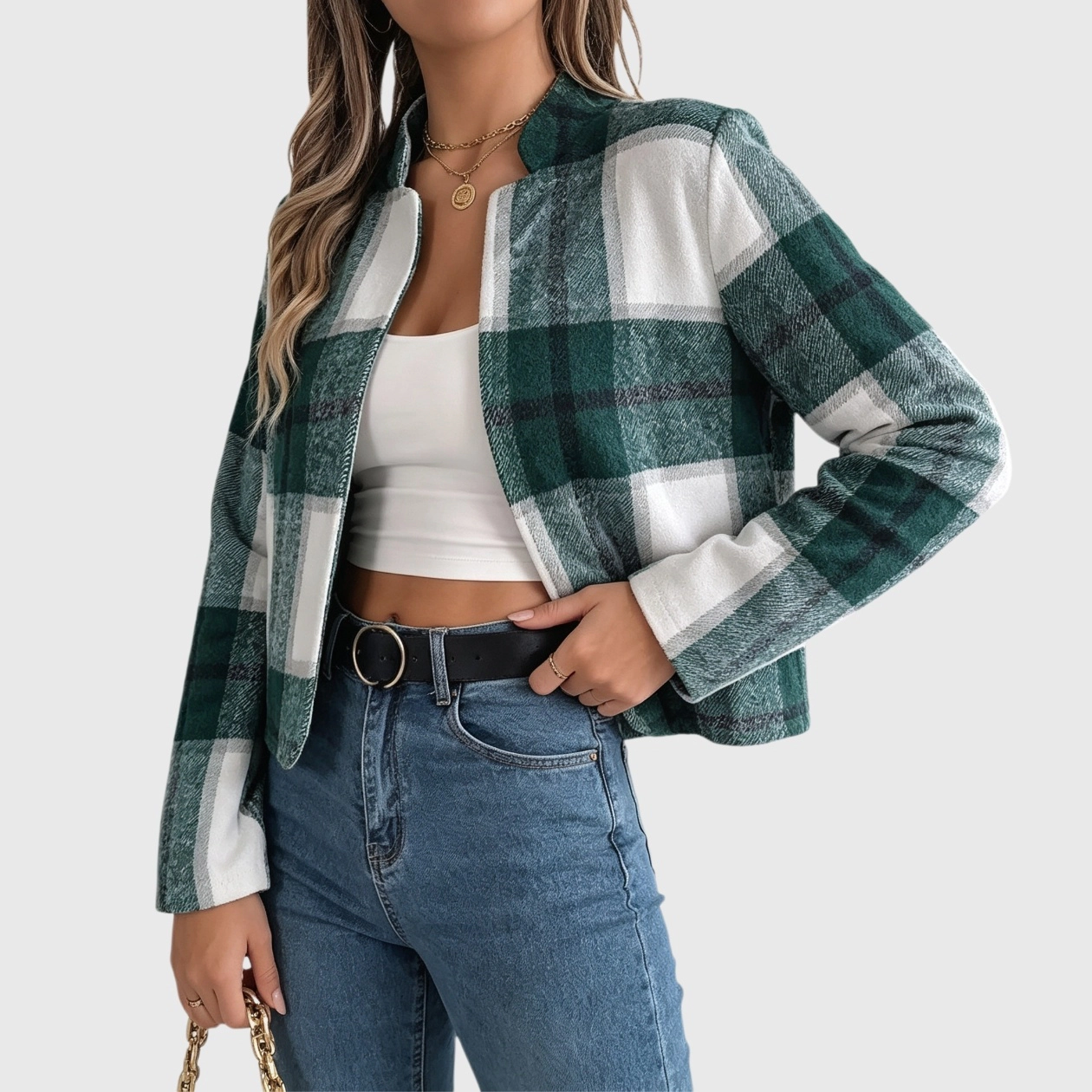 YesFashion Women's Flannel Cropped Shacket Casual Plaid Open Front Fashion Jacket Blazers Coat Tops