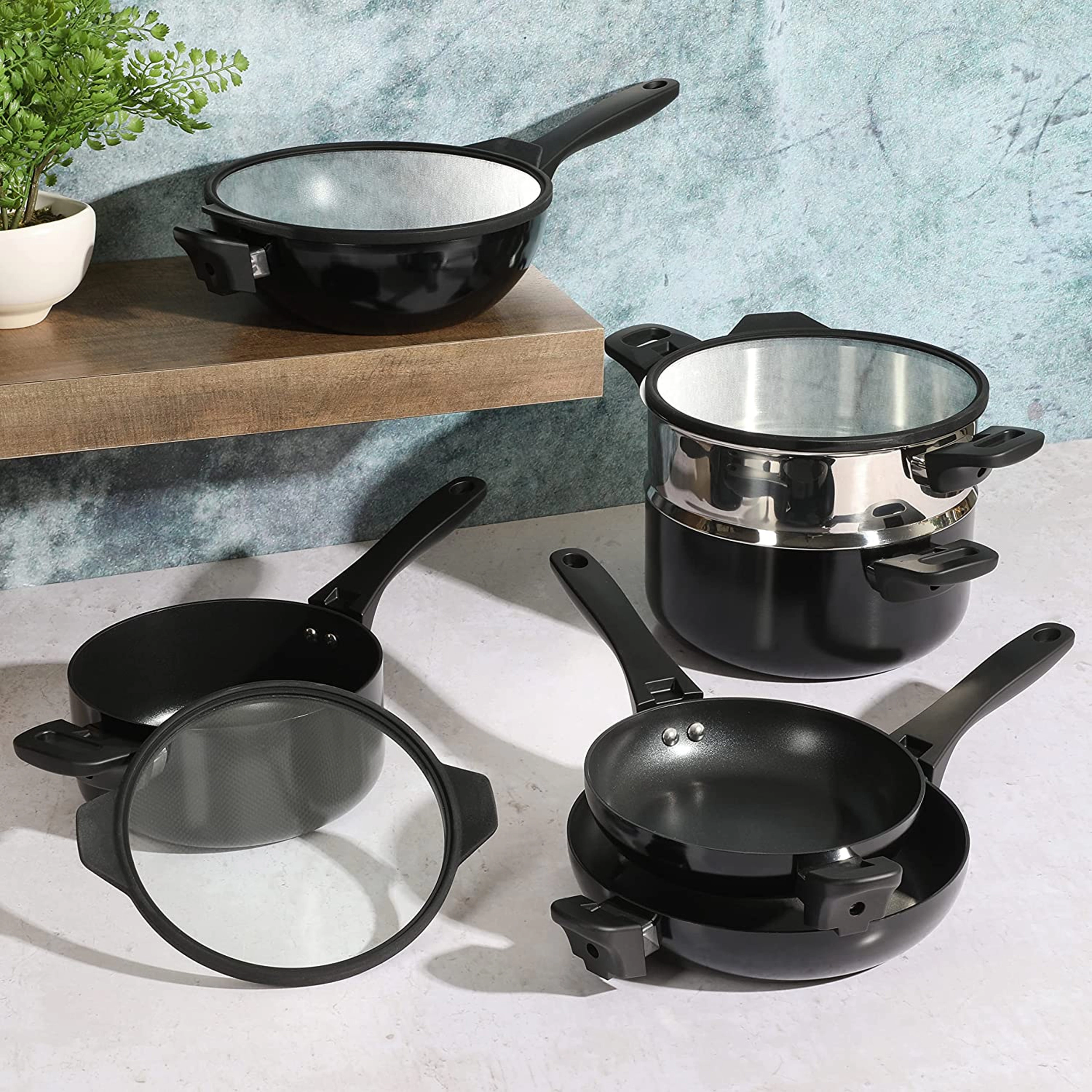 Kenmore Elite Grayson 9 Piece Nonstick Aluminum Stackable Cookware Set in Black