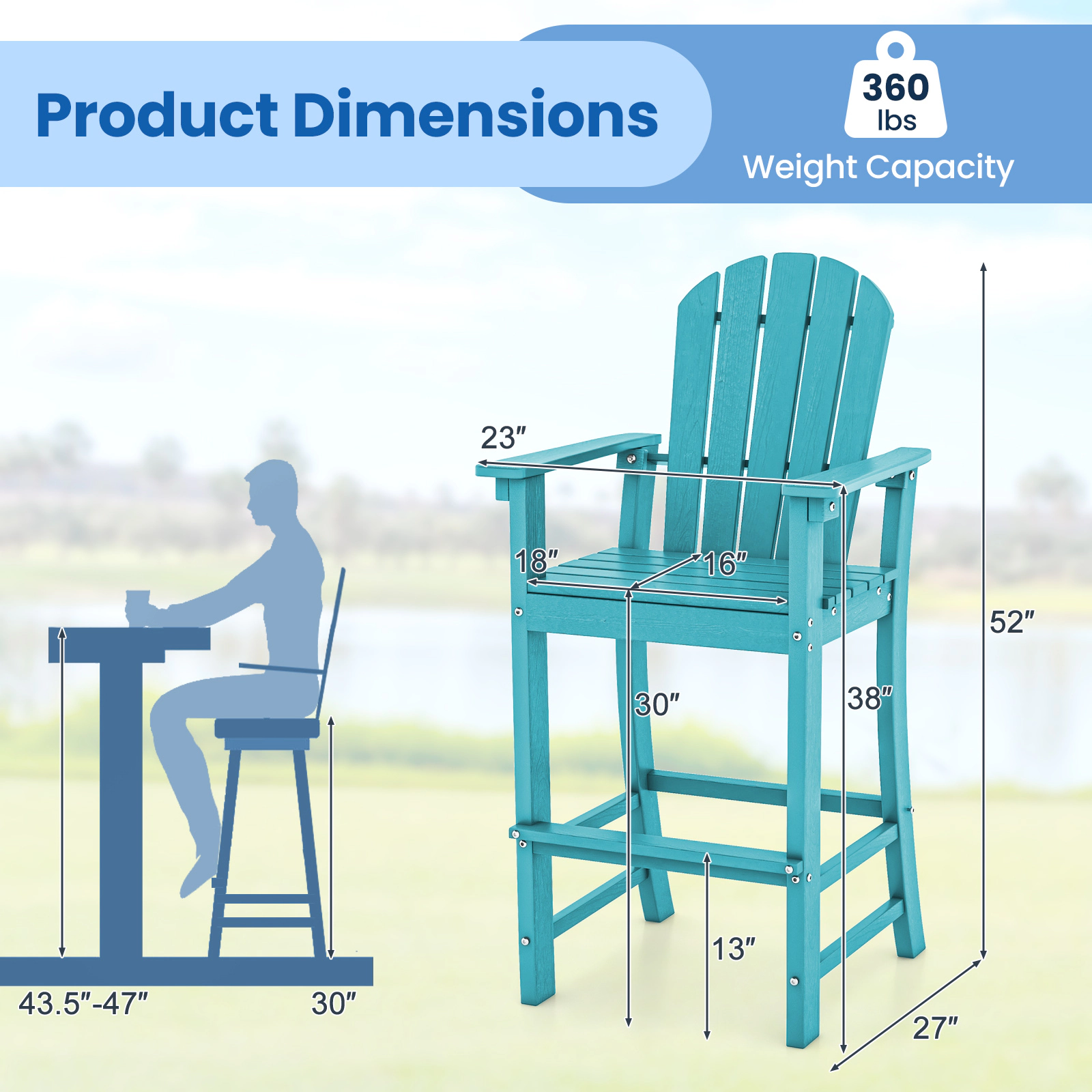 SUGIFT All-Weather Counter Height HDPE Bar Stool with Armrests and Footrest 360-Lb Capacity 30-in Seat Height Turquoise