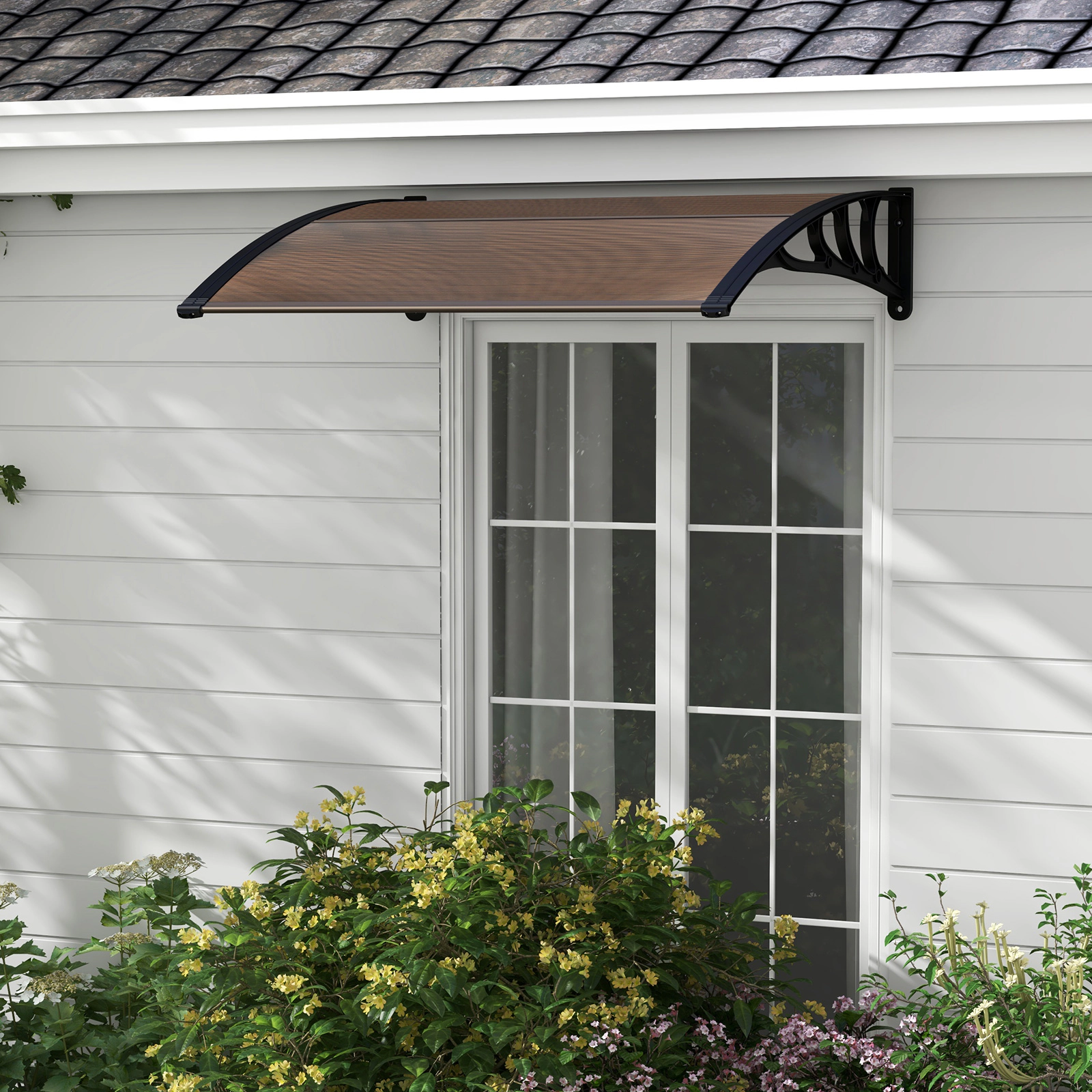 SUGIFT 48 x 40 Inch Outdoor Door Awning Brown Patio Overhang for Rain and Snow