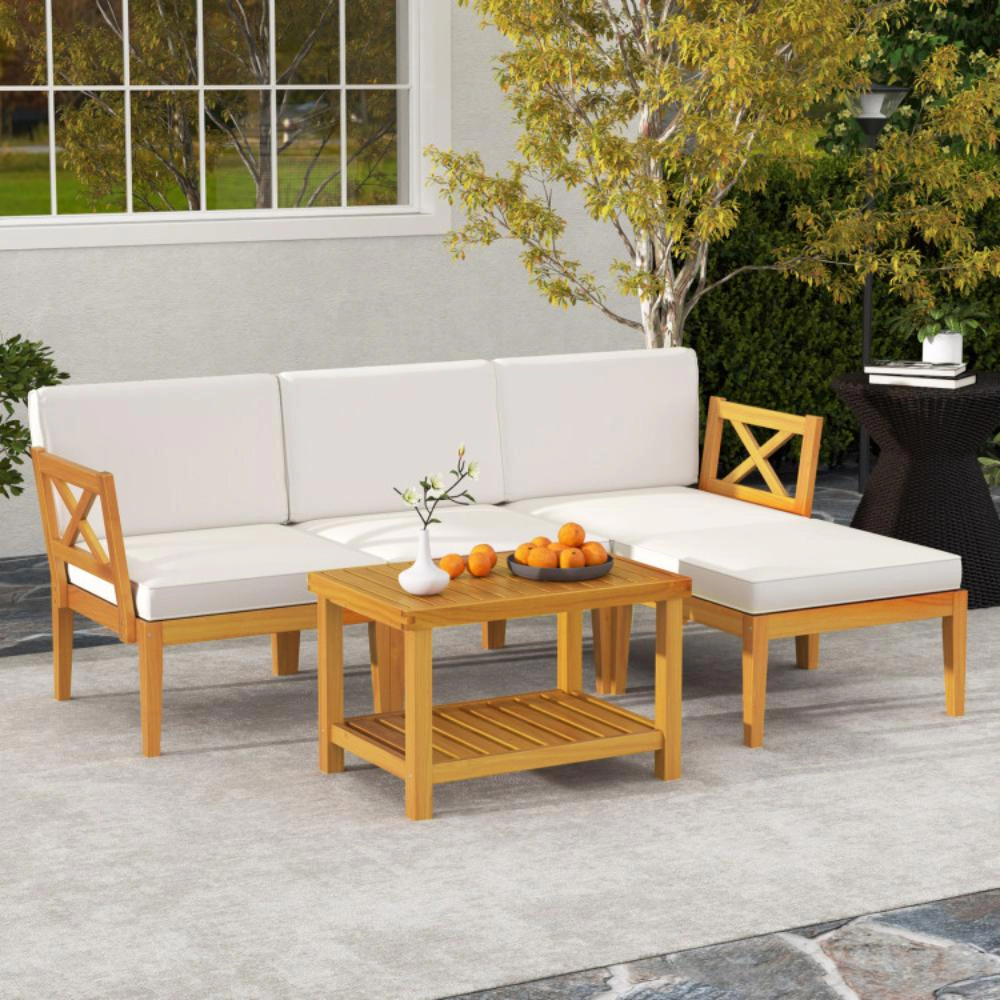 Hivvago 5 Pieces Acacia Wood Patio Furniture Set With 2-Tier Coffee Table And Cushions-White