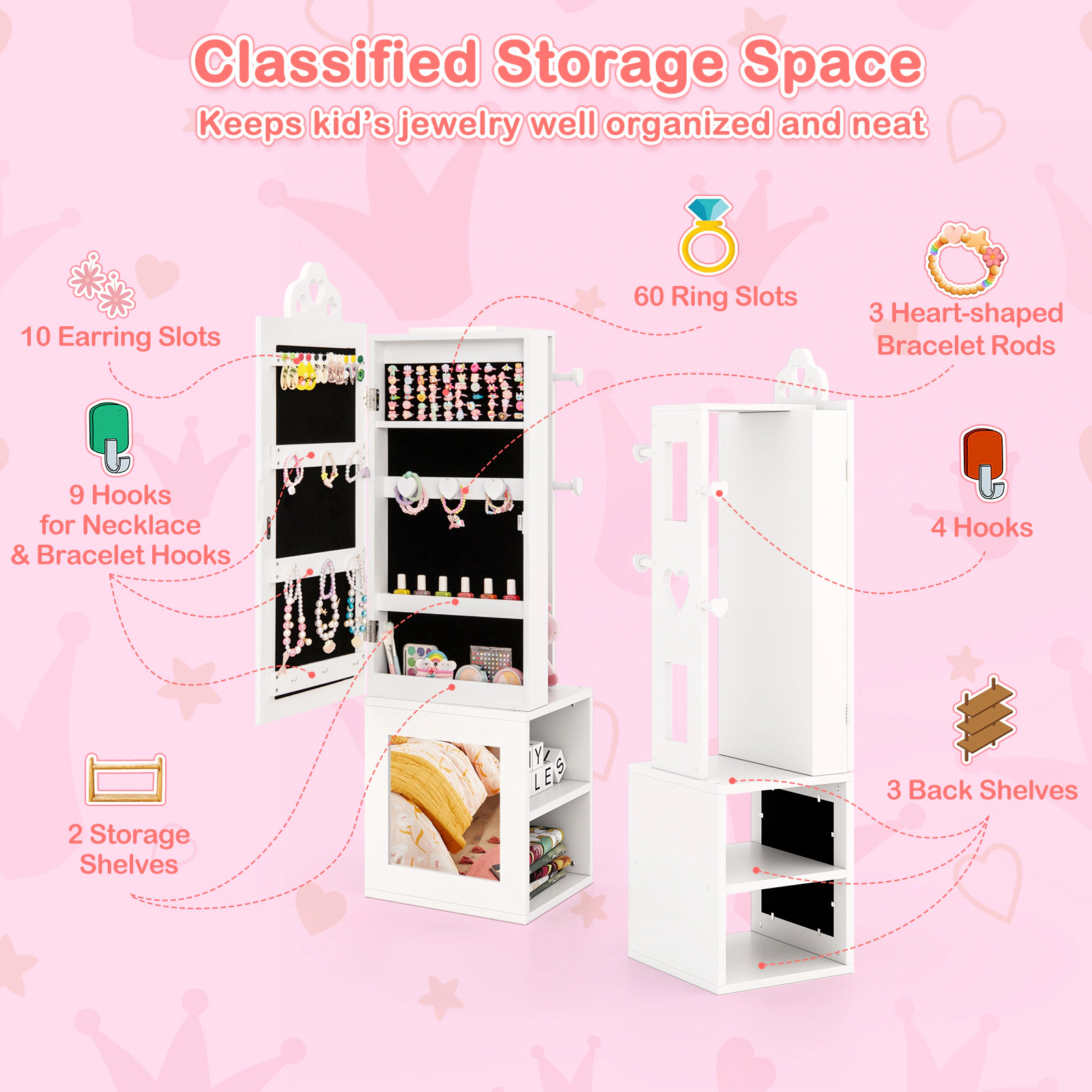SUGIFT 3-in-1 Kids Jewelry Armoire with Full-Length Mirror Rear Hooks and Shelves for Bedroom Storage