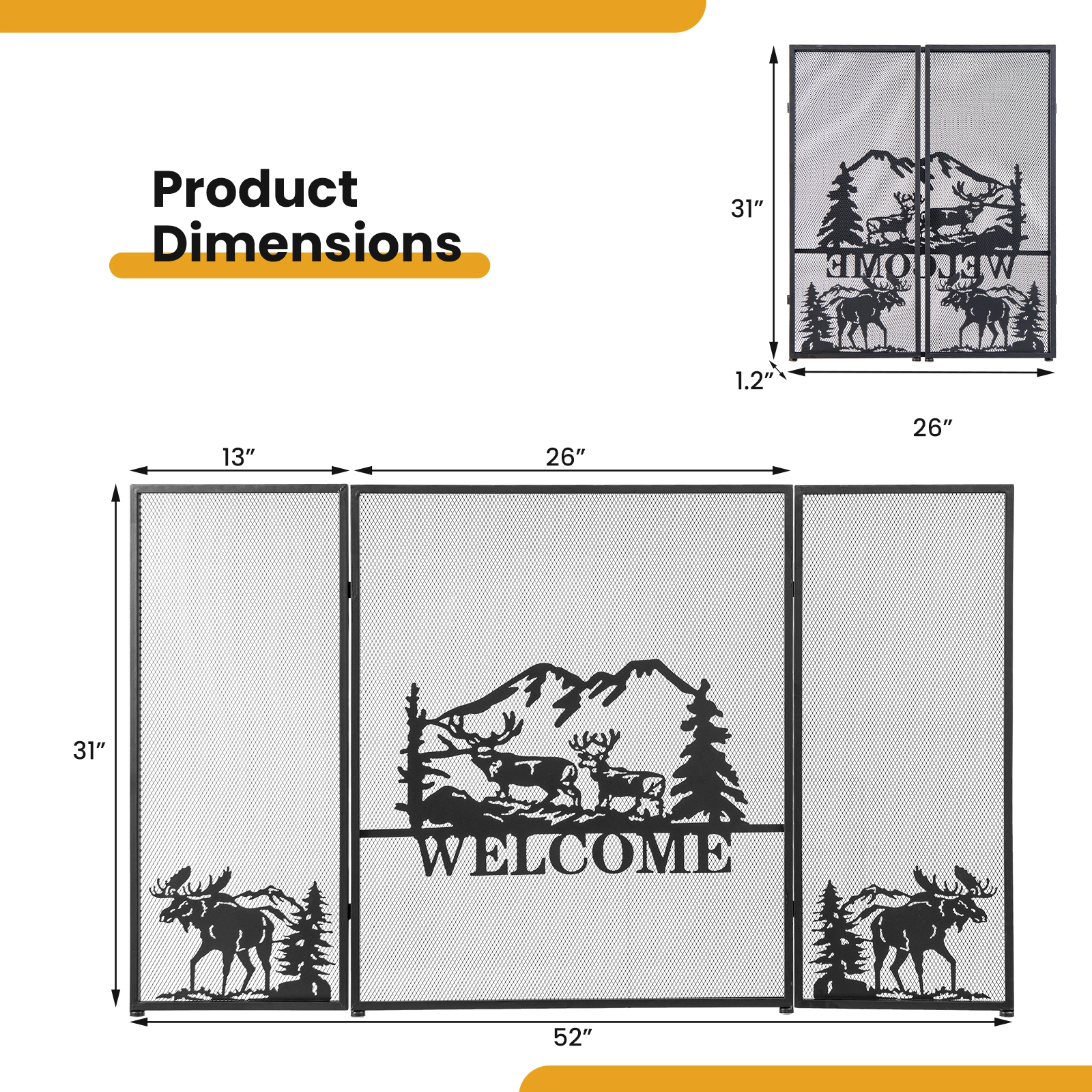 SUGIFT 52-in x 31-in 3-Panel Folding Mesh Metal Freestanding Fireplace Screen Deer Scene Spark Guard Black