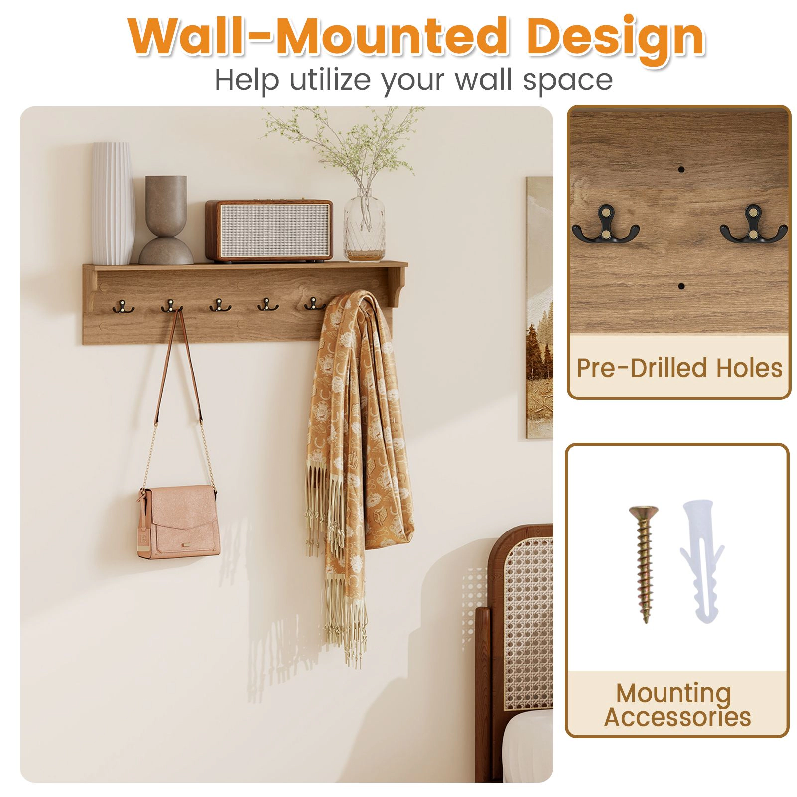 SlickBlue 31.5 Inch Wall Shelf with Hooks Wooden Coat Rack for Entryway