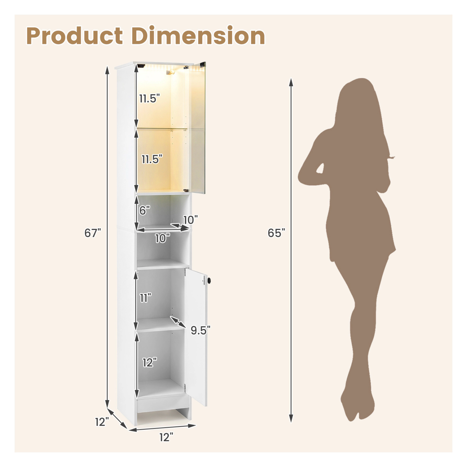 Glintex 67-Inch LED Bathroom Cabinet with Push-to-Open Tempered Glass Door, White