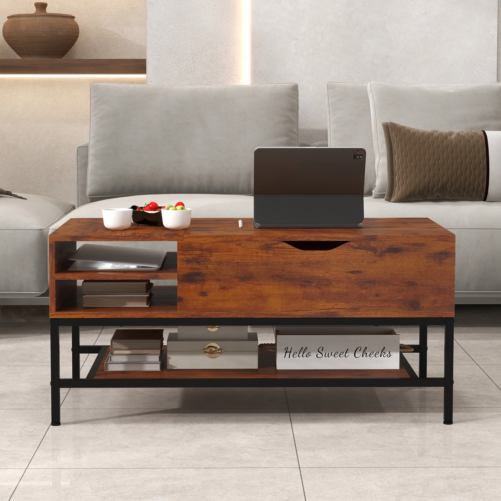 SUGIFT Lift Top Hidden Compartment Removable Shelf Coffee Table 39.5-in x 19.5-in x 19-in 88-lb Capacity Rustic Brown