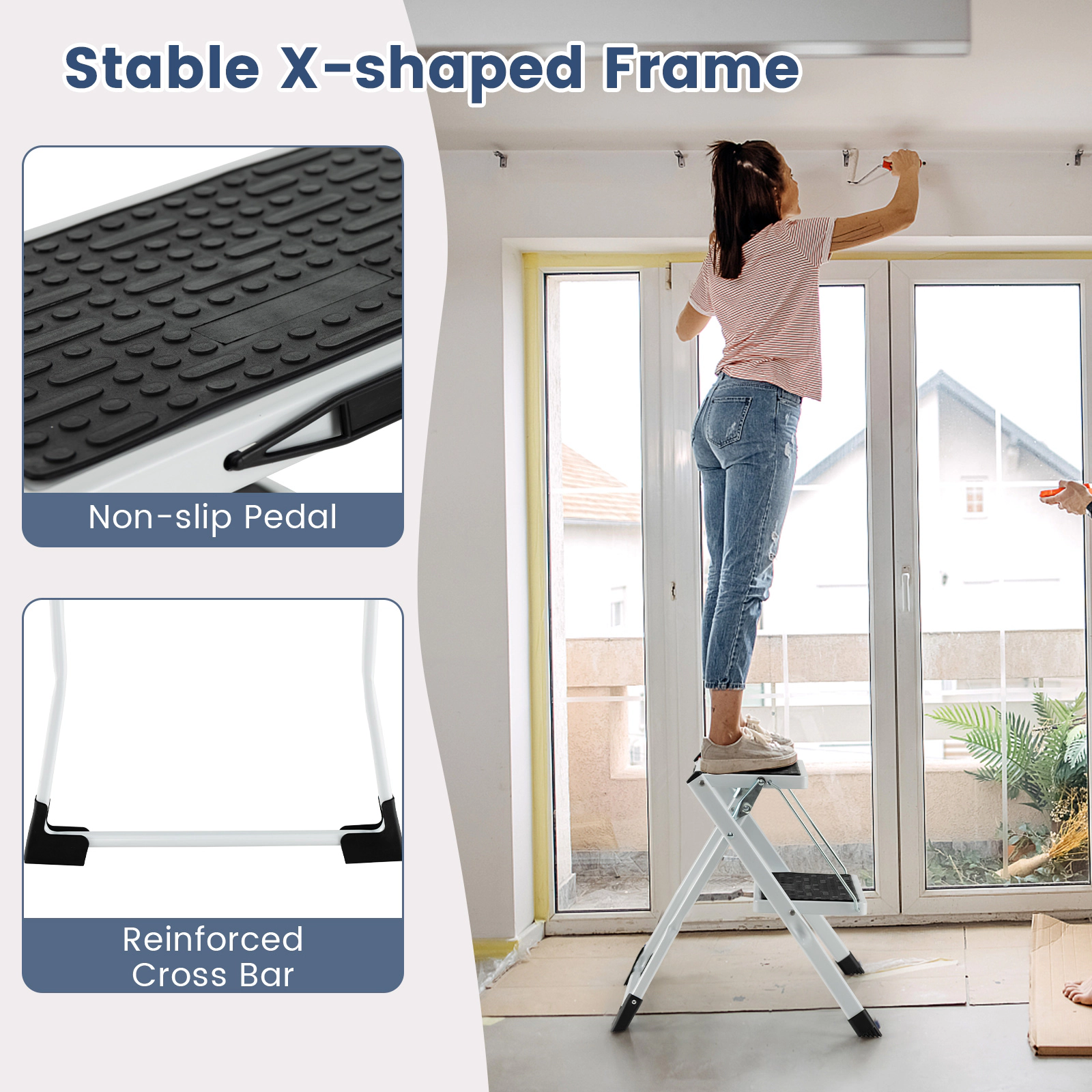 SUGIFT 330-lb Capacity 2-Step Folding Ladder with Anti-Slip Pedals Reinforced Crossbar and Foot Pads