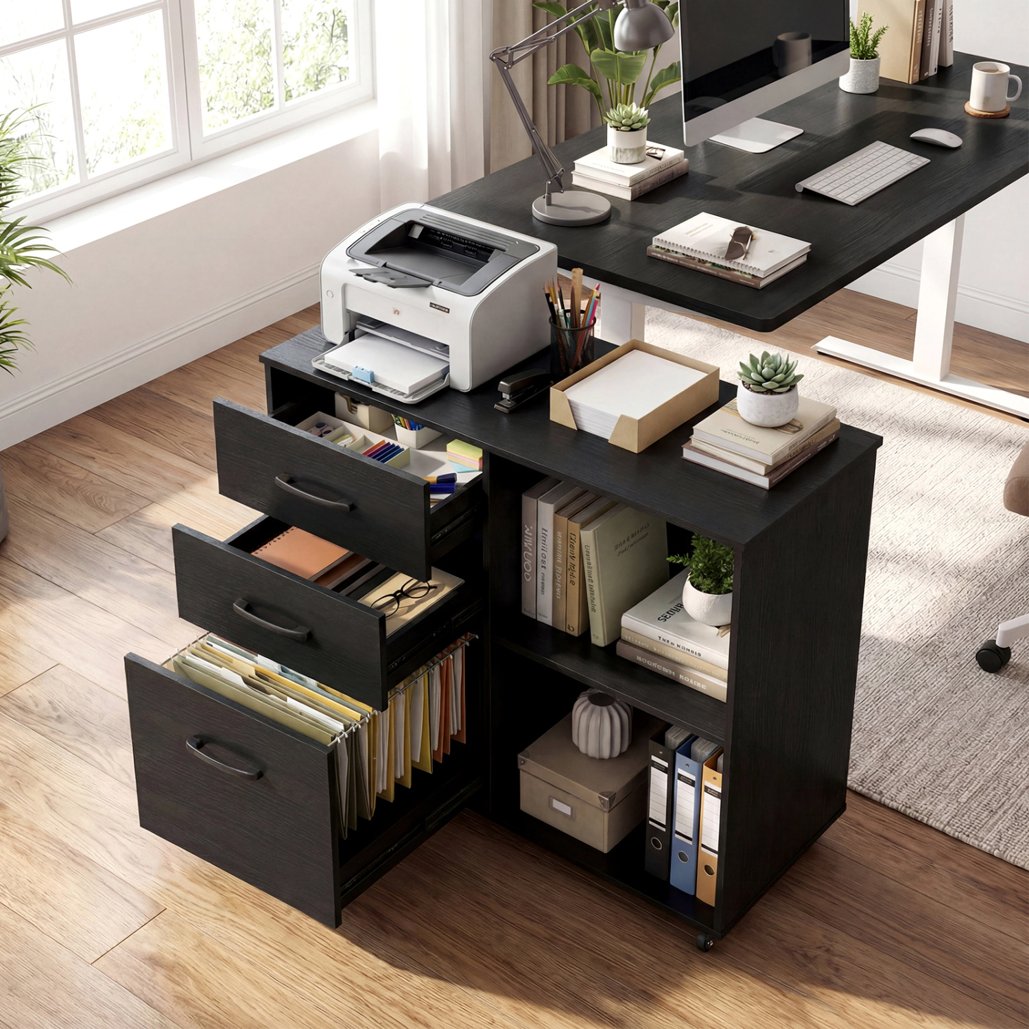 LJG 3-Drawer Mobile Lateral File Cabinet Printer Stand