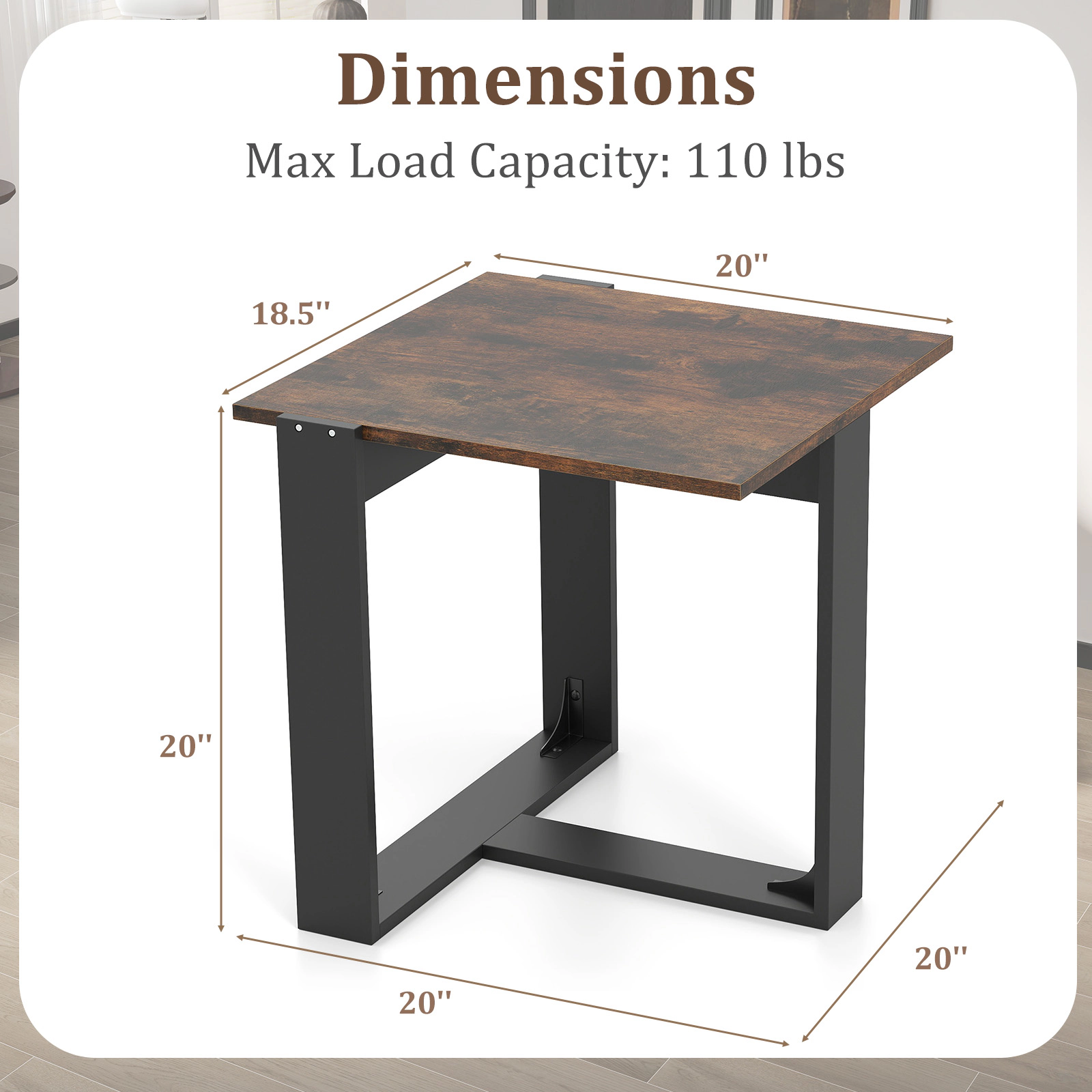 SUGIFT Tabletop Industrial Sofa End Table with T-Shaped Metal Frame 110-lb Capacity 20-in Square Rustic Brown & Black