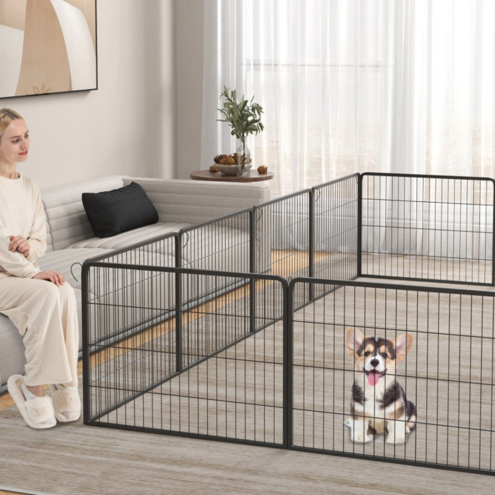SUGIFT 16-Panel Metal Dog Playpen Pet Gate with Locking Large Door 31 x 24-in Panels 11 x 16-in Door Black
