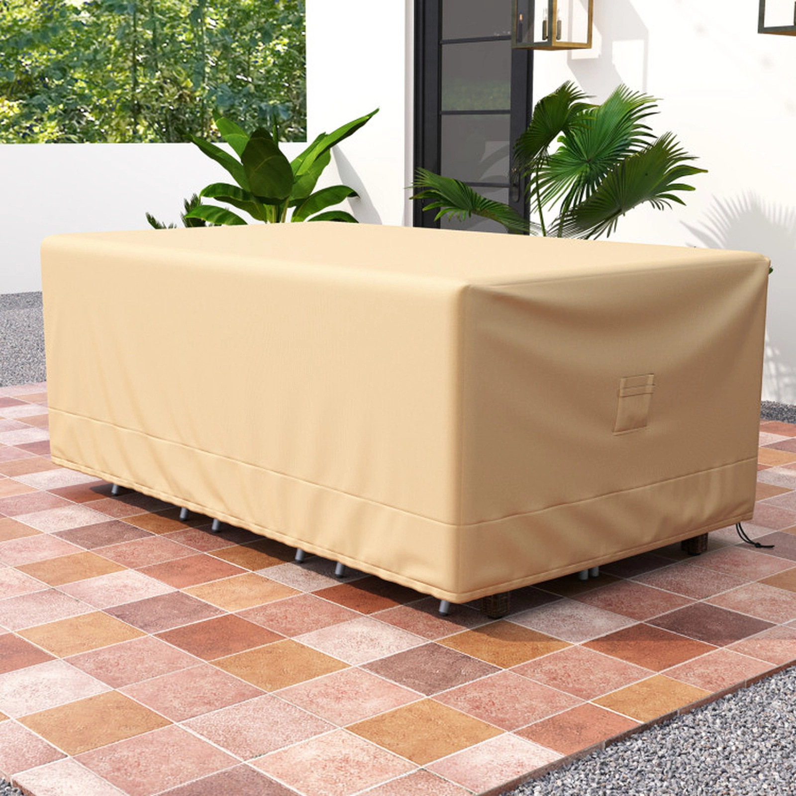 SUGIFT Beige Patio Table and Chair Set Cover with Padded Handle and Click-Close Straps 90-in W 50-in D 32-in H