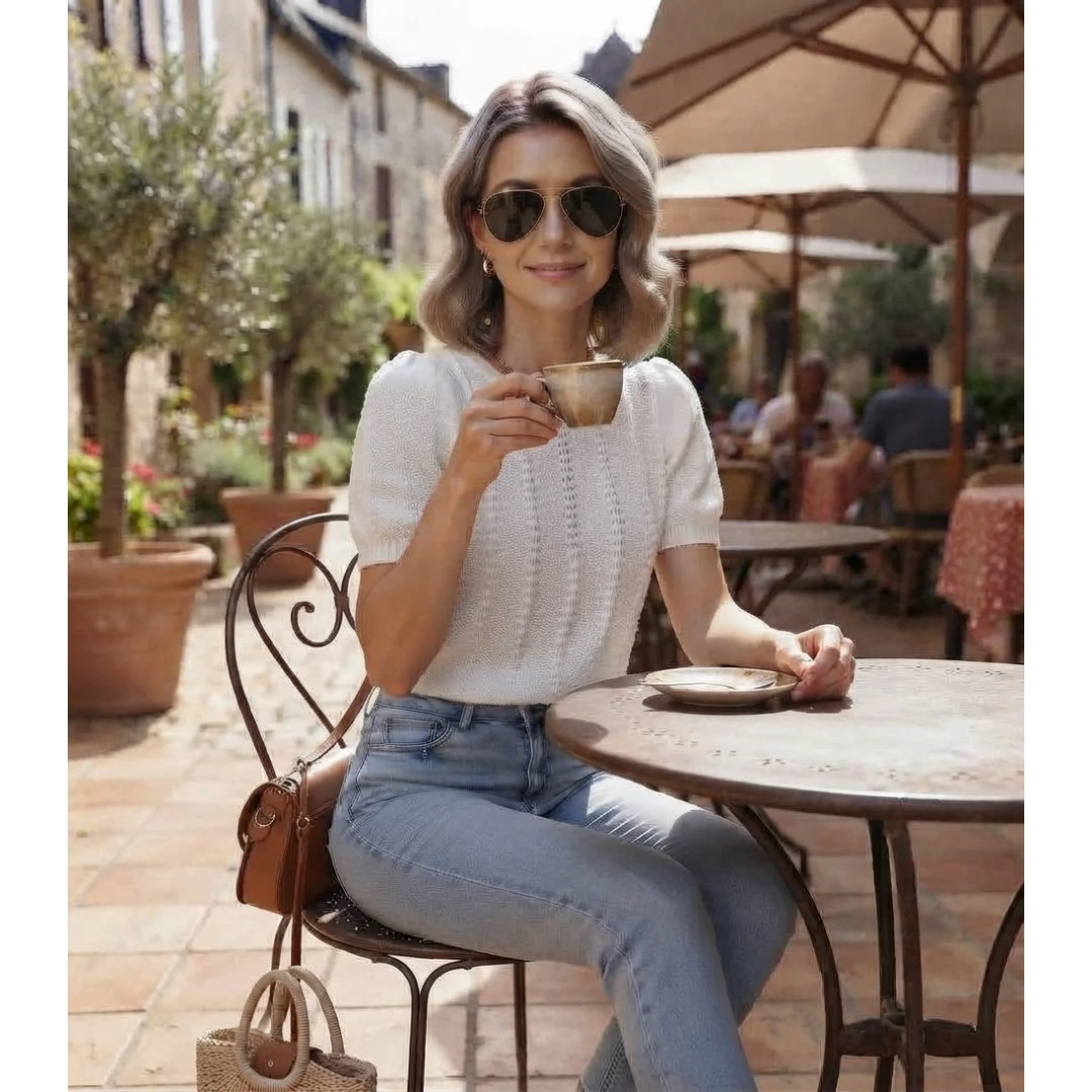 Coolmee Women's Round Neck Mesh Hollow Out Woven Short Sleeve Knit Top Summer