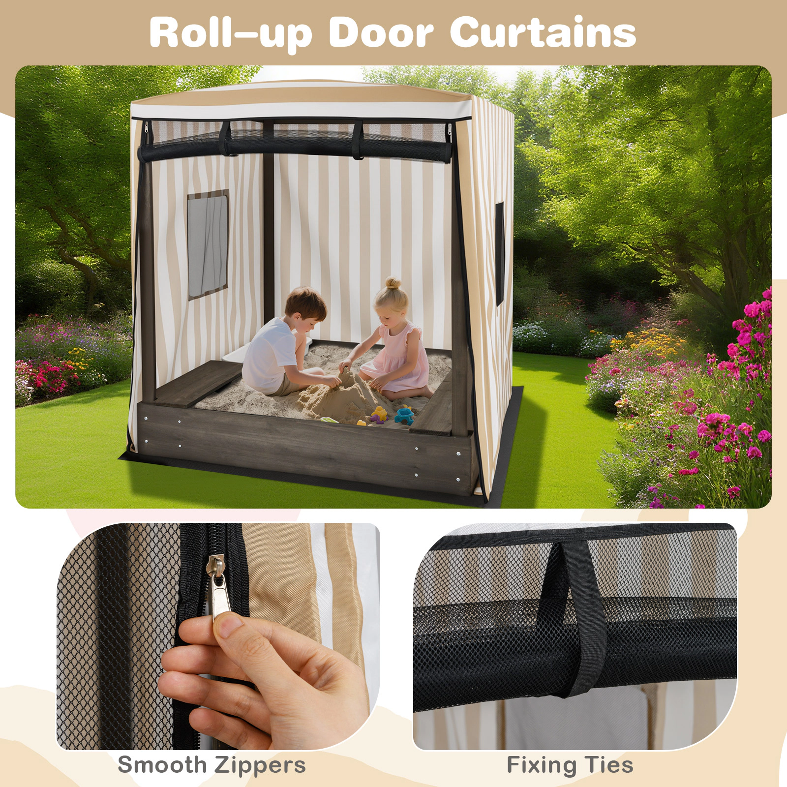 Wooden Sandbox with Canopy 48-in Covered Kids Sand Pit Roll-Up Zip Door Mesh Windows Storage Benches Ages 3+ Brown