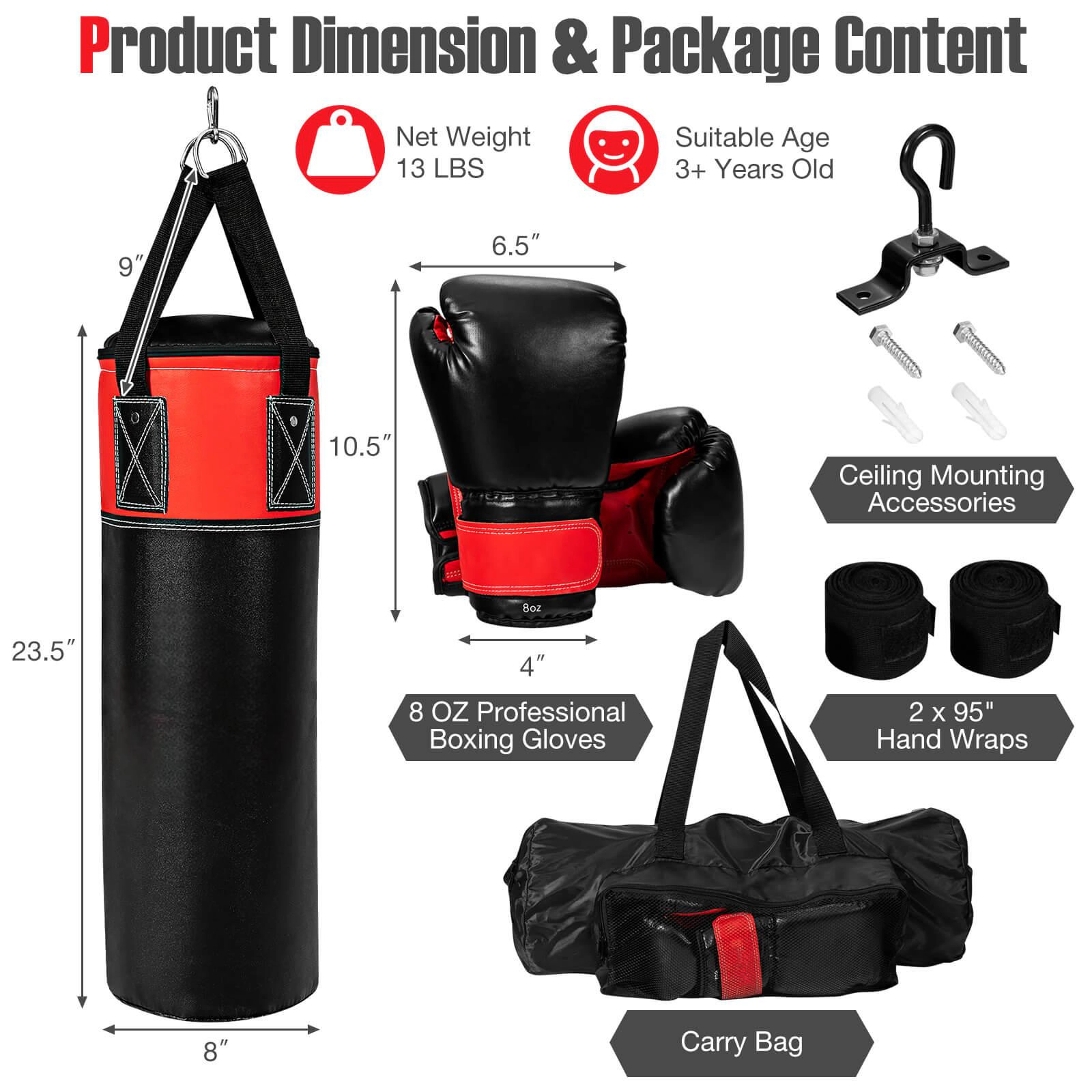 SUGIFT Black 11-lb Kids Hanging Punching Bag with Boxing Gloves and 95-in Hand Wraps 8-in W 8-in D 23.5-in H