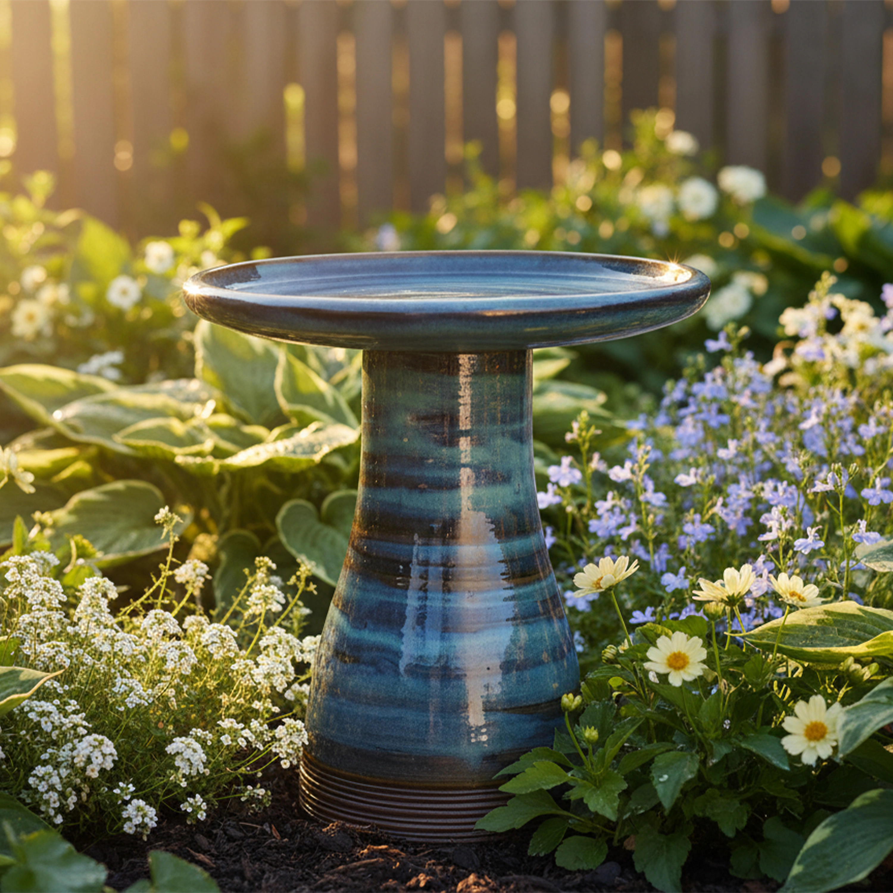 Sunnydaze Ceramic Bird Bath for Outside, Hand-Painted, 21” H, Galaxy Blue