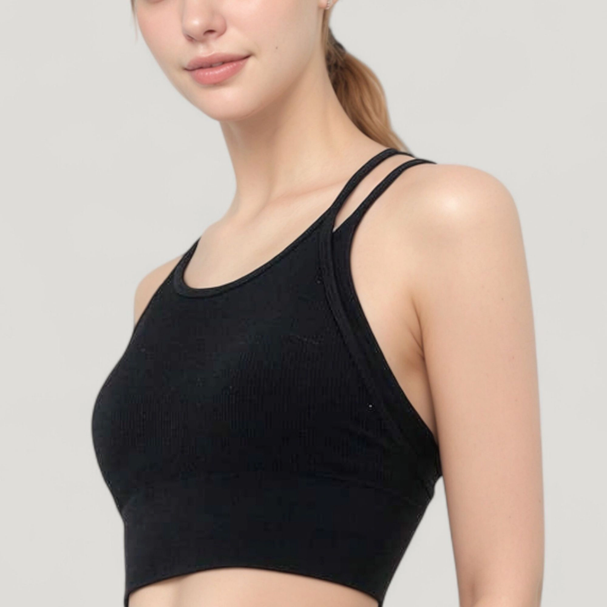 Anna-Kaci Women's Double Strap Crew Neck Ribbed Crop Top with Fitted Hem
