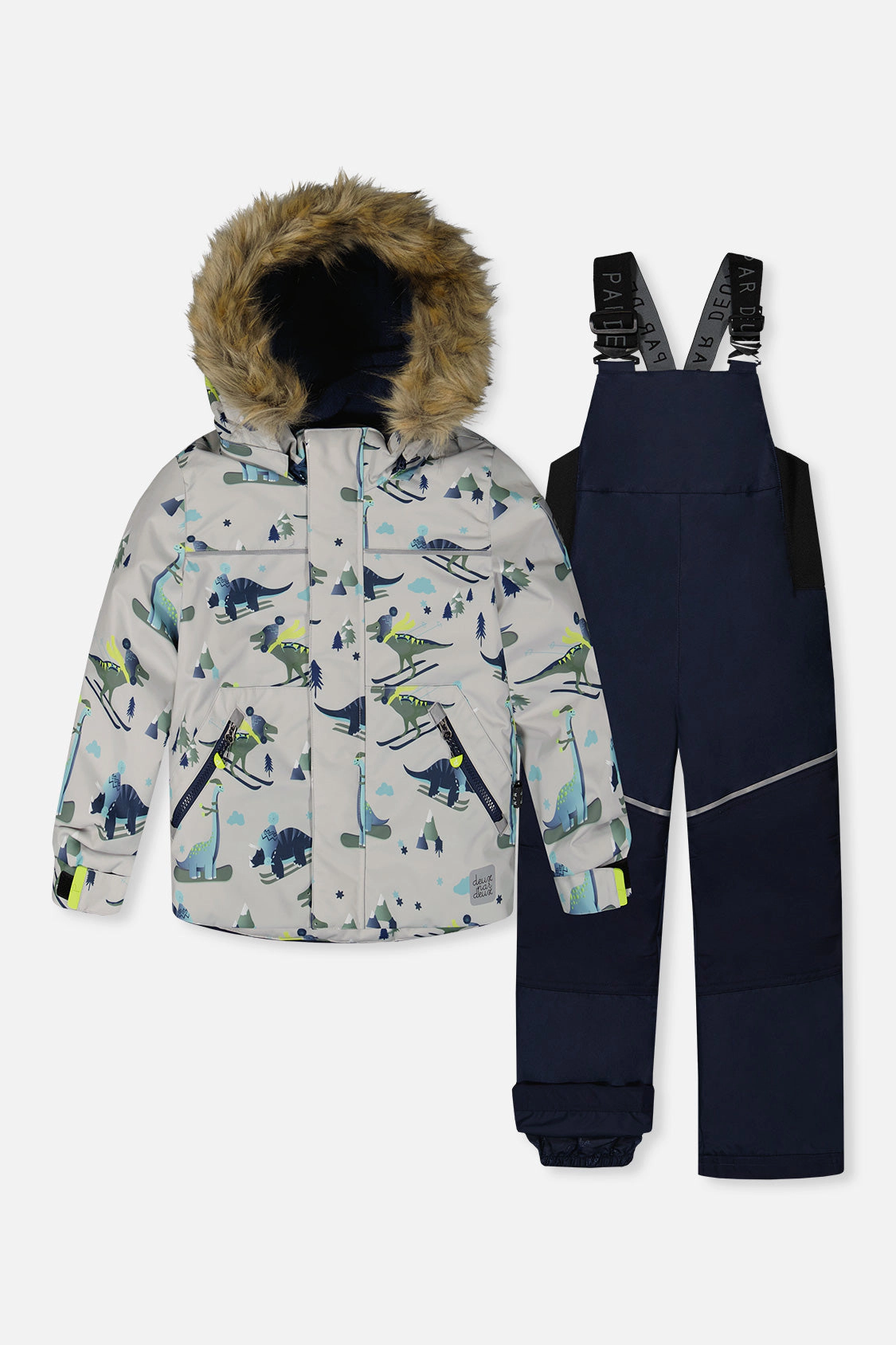 Deux par Boys Skiing Dinosaur Print Two Piece Discover Snowsuit with Hooded Jacket and Snow Pants