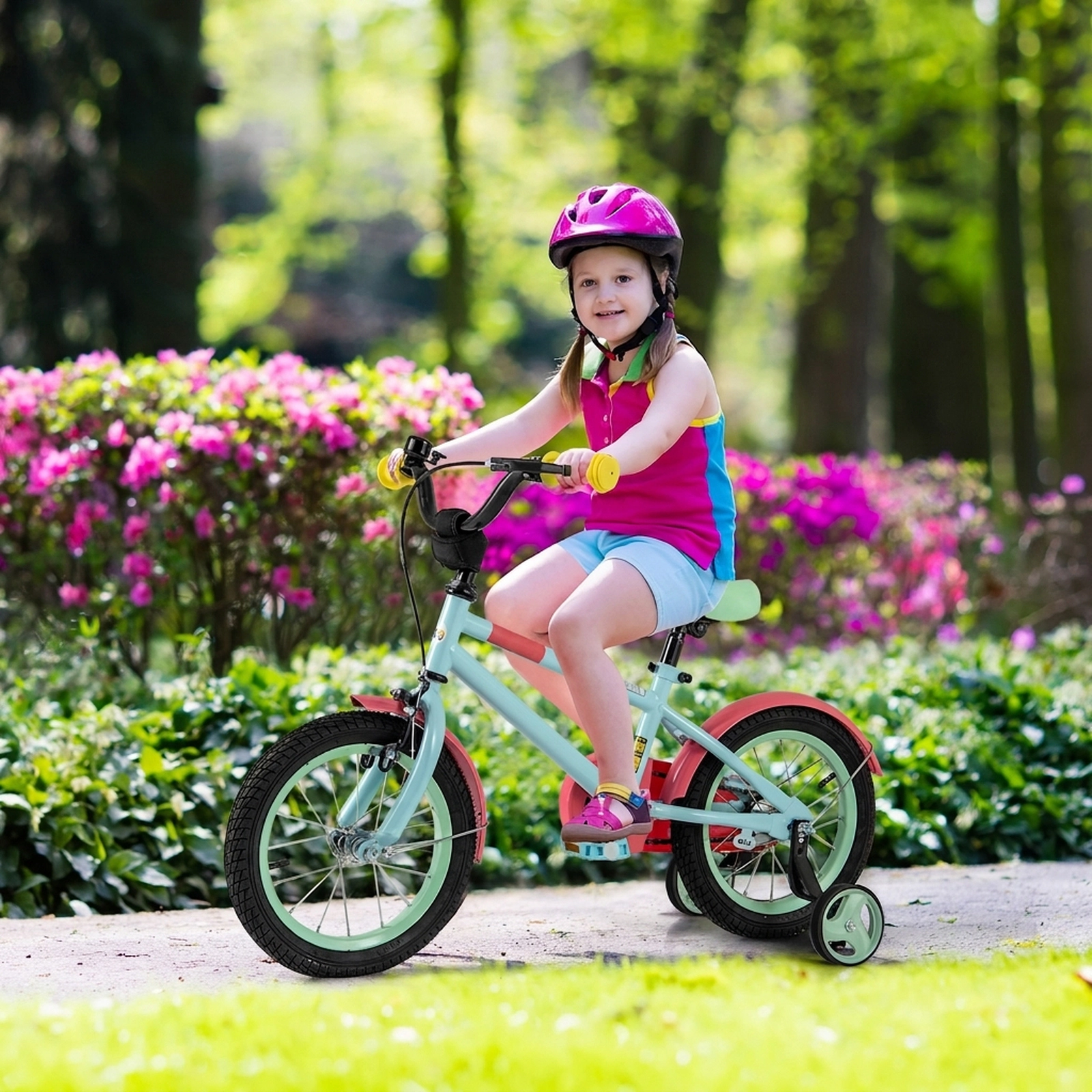 14-in Kids Bike Anti-Puncture Shock-Absorbing Wheels Removable Training Wheels Quick-Release Saddle Ages 3-5 Blue