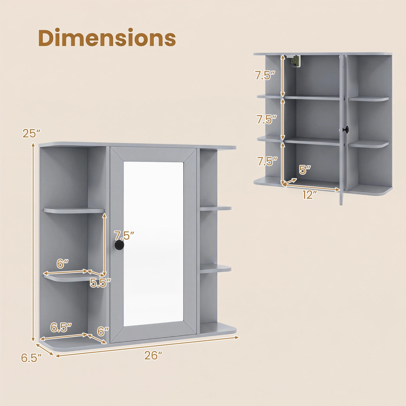 SUGIFT Mirrored Door 3 Compartments 6 Open Shelves Wall Bathroom Medicine Cabinet 26-in x 6.5-in x 25-in 120-lb Gray