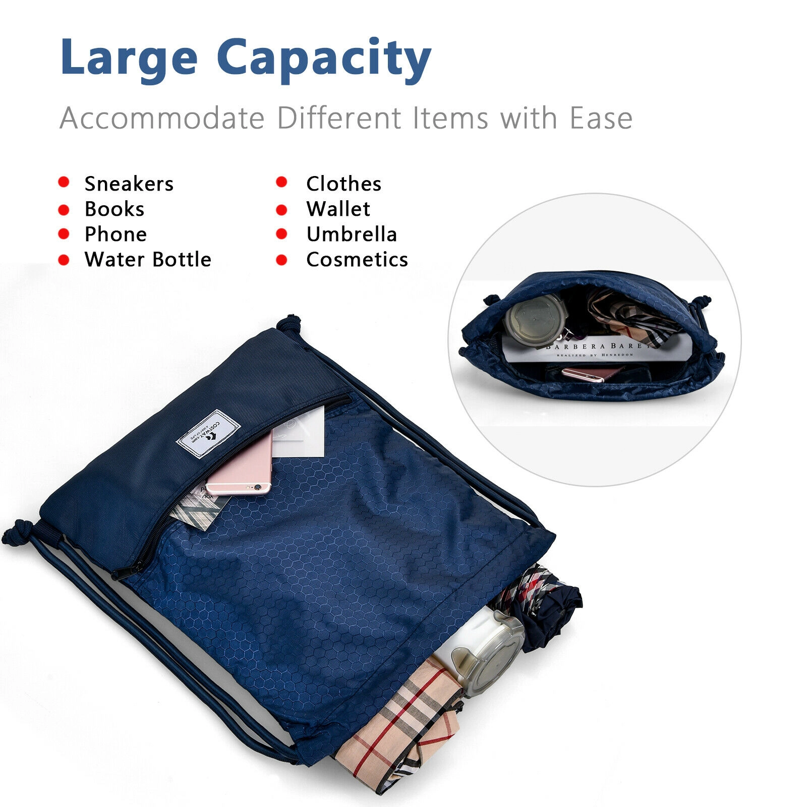 SUGIFT Dark Blue 17-in x 14-in Foldable Mesh Back Polyester Drawstring Backpack String Bag with Zipper Pockets