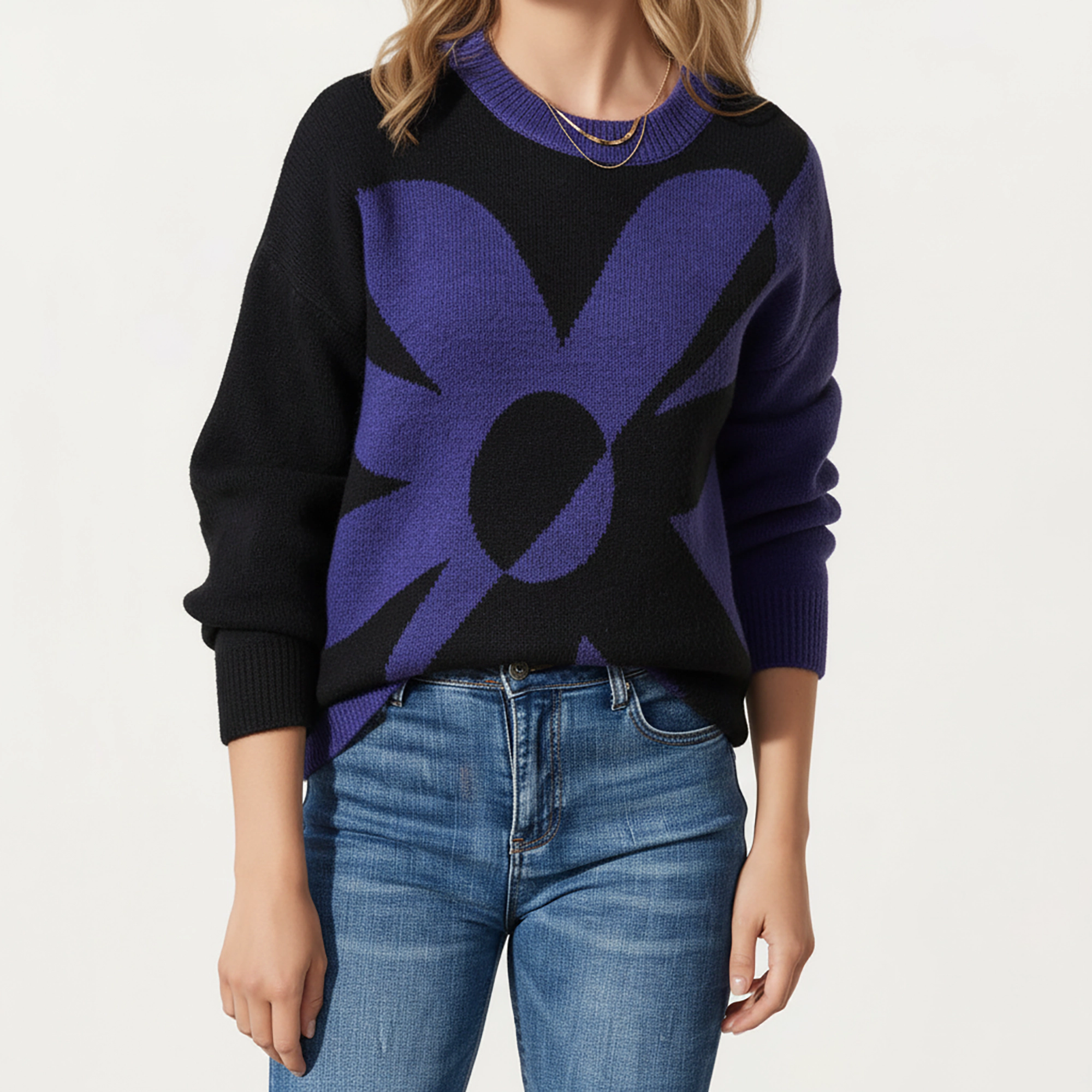 Anna-Kaci Women's Bold Graphic Floral Pattern Knit Sweater with Soft Crew Neckline and Relaxed Long Sleeve Pullover Fit