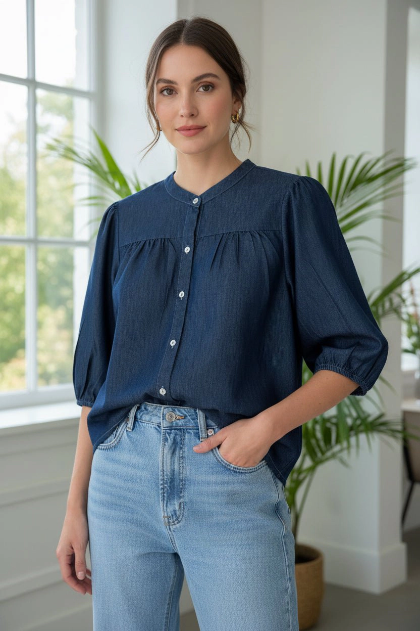 DressAtR Women's Navy Blue Denim Three Fourth Sleeve Button Front Blouse