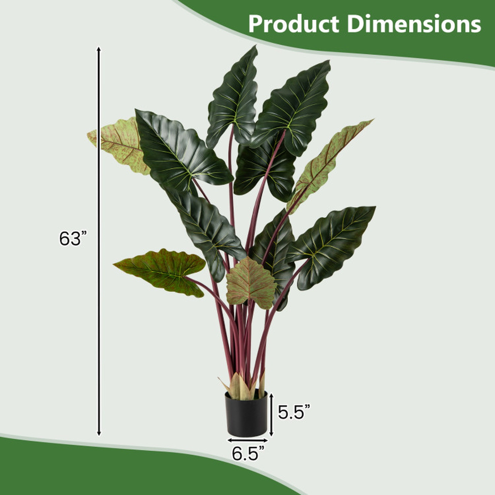 SUGIFT Set of 2 63-in 11 Ruffled Leaves Bendable Metal Stems Artificial Taro Trees 6.5-in x 5.5-in Pot 11-lb Green