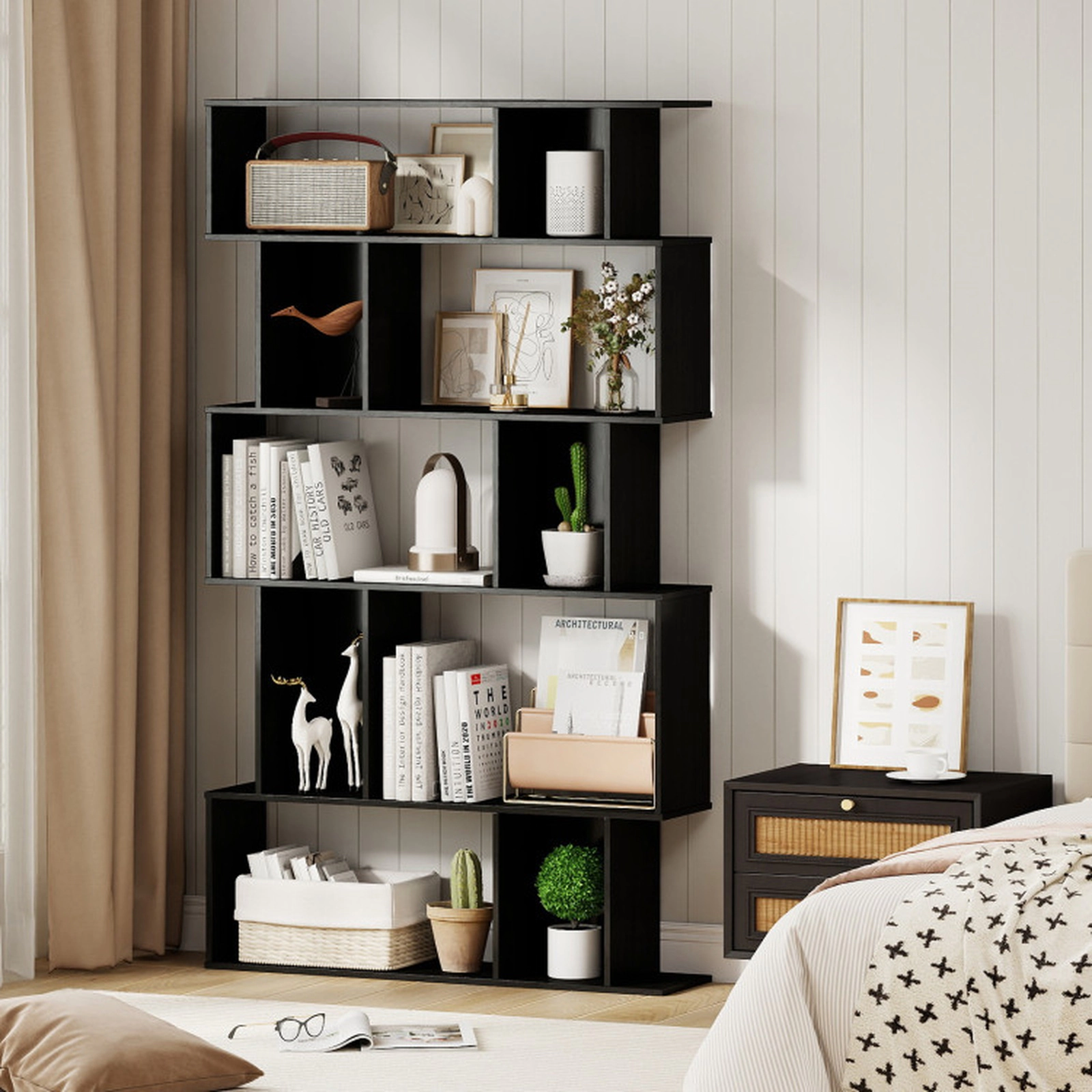 SUGIFT Geometric 5-Tier Bookcase with Open Shelves and Closed-back Cubes 200-lb Capacity Black
