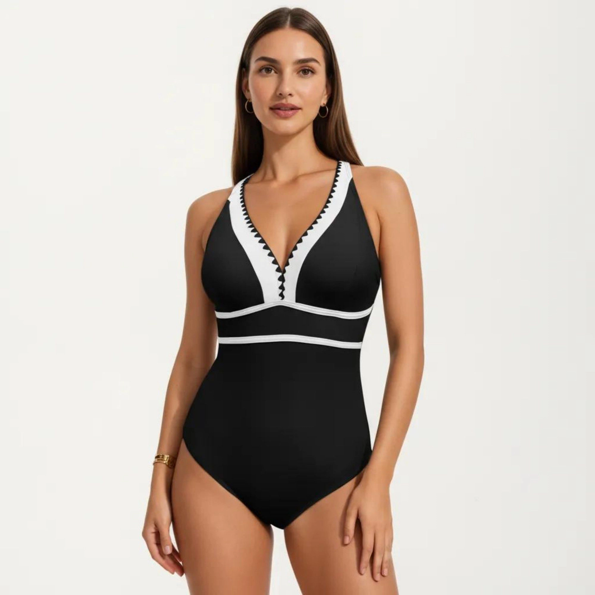 Anna-Kaci Womens Deep V-Neck Contrast Trim One-Piece Swimsuit