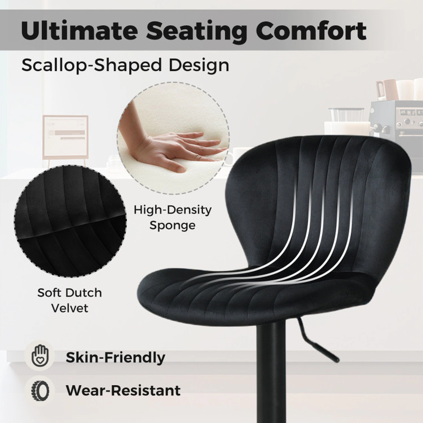 SUGIFT Adjustable Swivel Counter Height Bar Stools Set of 4 with Velvet Upholstered Backrests 330-lb Capacity Black