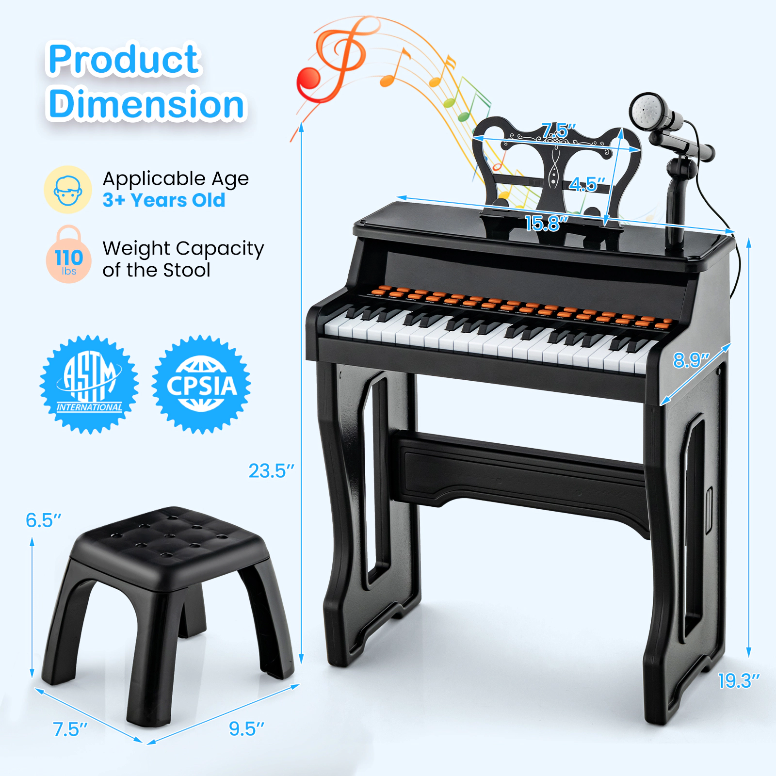 SUGIFT Black 37-Key 110-lb Stool Capacity Kids Piano Keyboard with Microphone and Detachable Music Stand