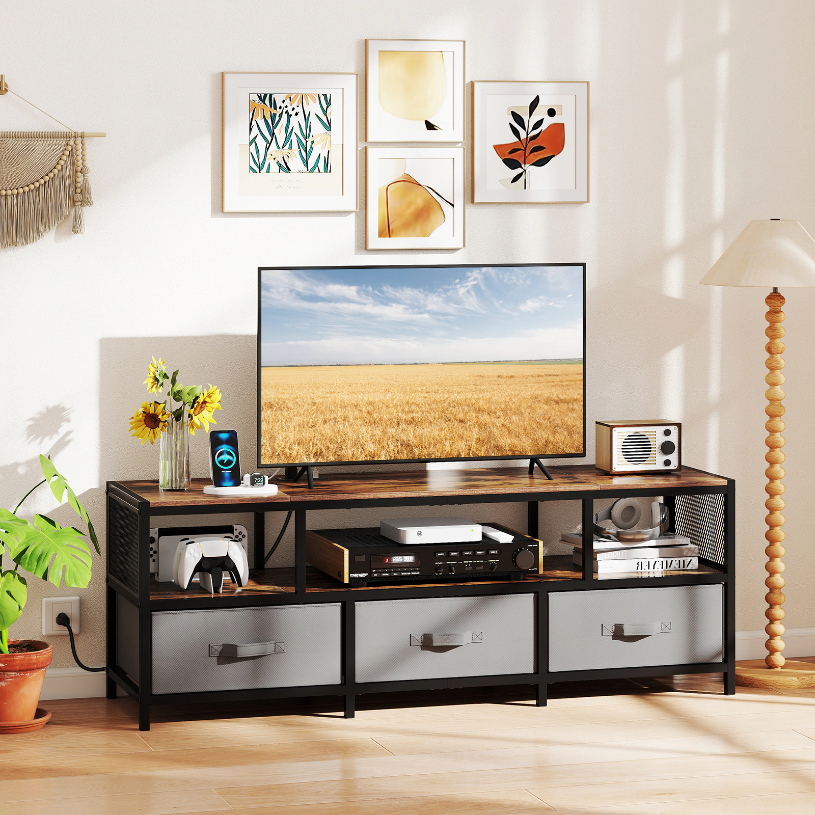 SUGIFT 55-in TV Stand with 3-Tier Storage and Charging Station for TVs up to 65 in 100-lb Tabletop Capacity Rustic Brown